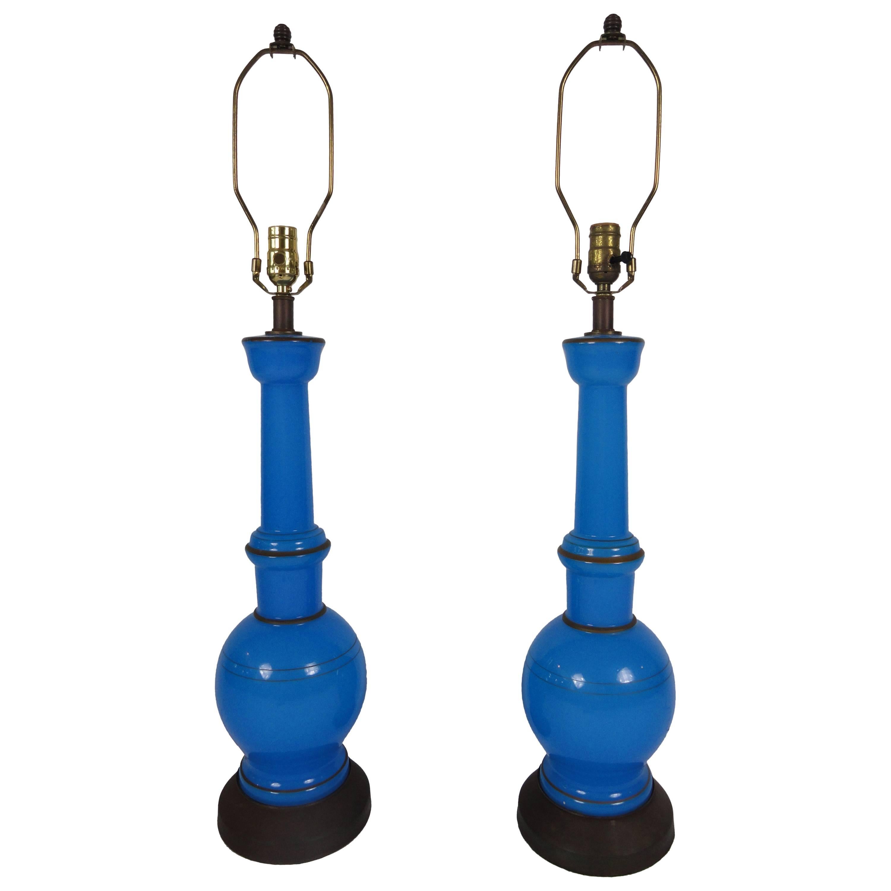 Pair of Russian Blue Opaline Lamps For Sale