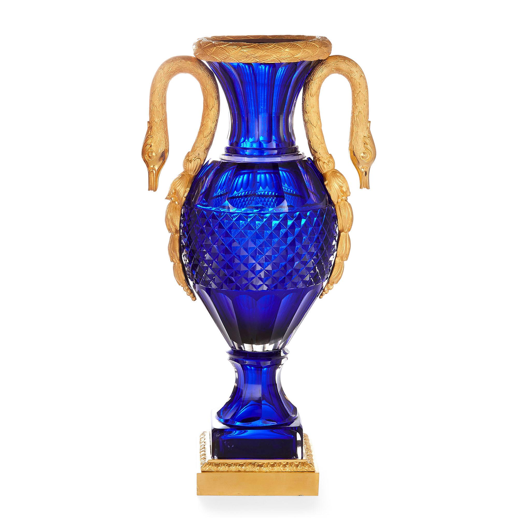 Neoclassical Pair of Russian Cut Blue Glass and Gilt Bronze Vases For Sale