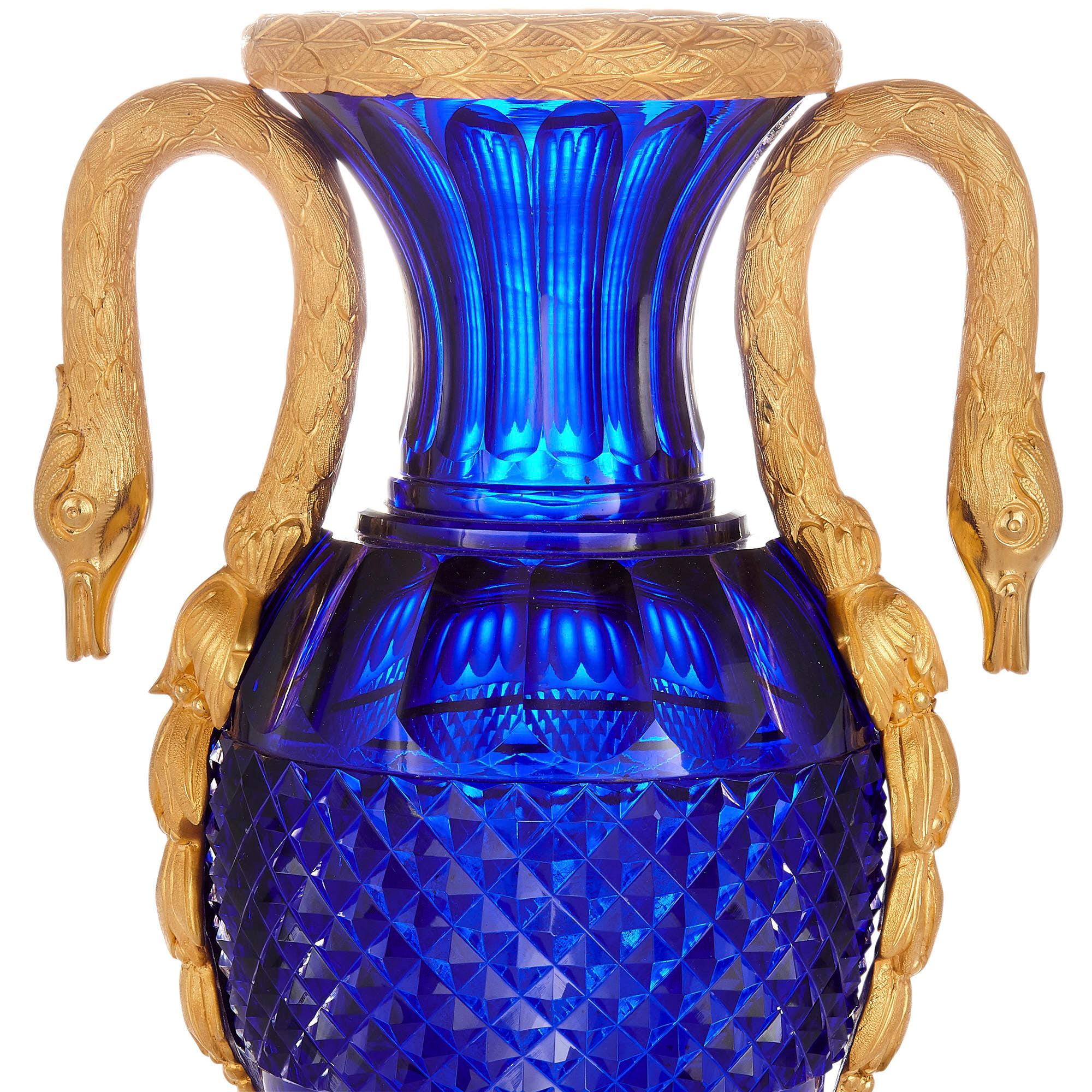 Pair of Russian Cut Blue Glass and Gilt Bronze Vases In Good Condition For Sale In London, GB