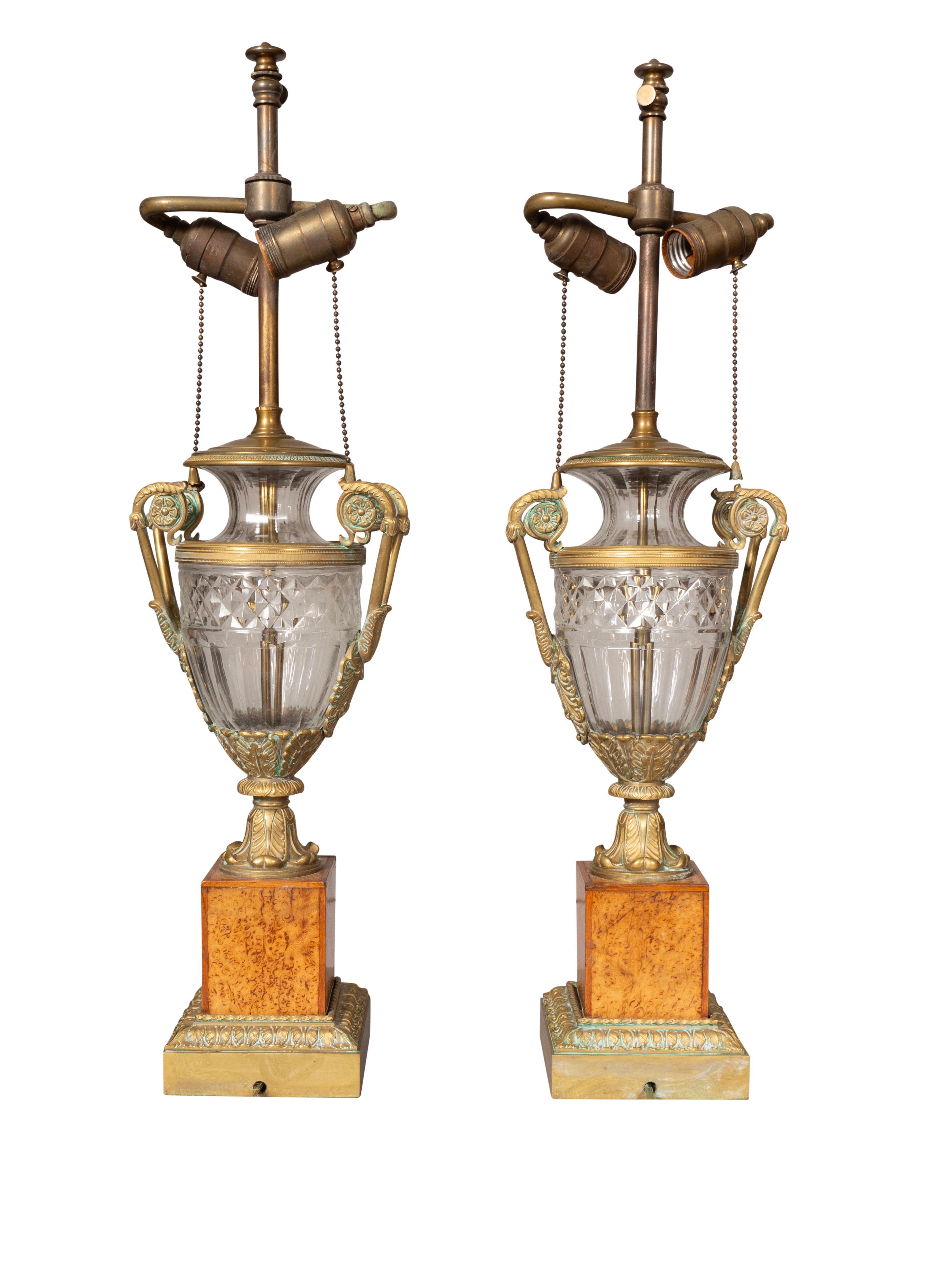 Neoclassical Pair Of Russian Cut Glass And Karelian Birch Table Lamps