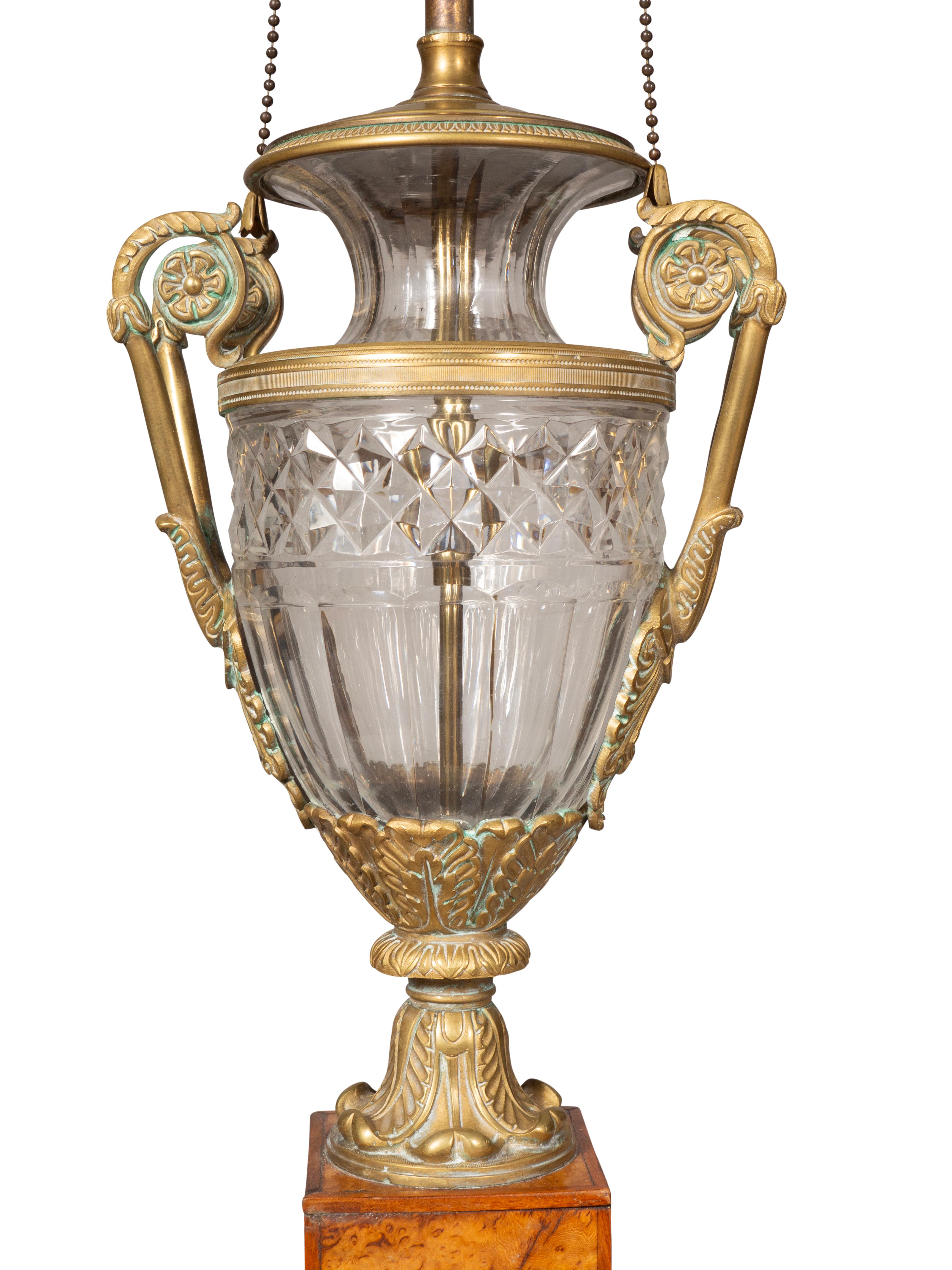Pair Of Russian Cut Glass And Karelian Birch Table Lamps In Good Condition In Essex, MA