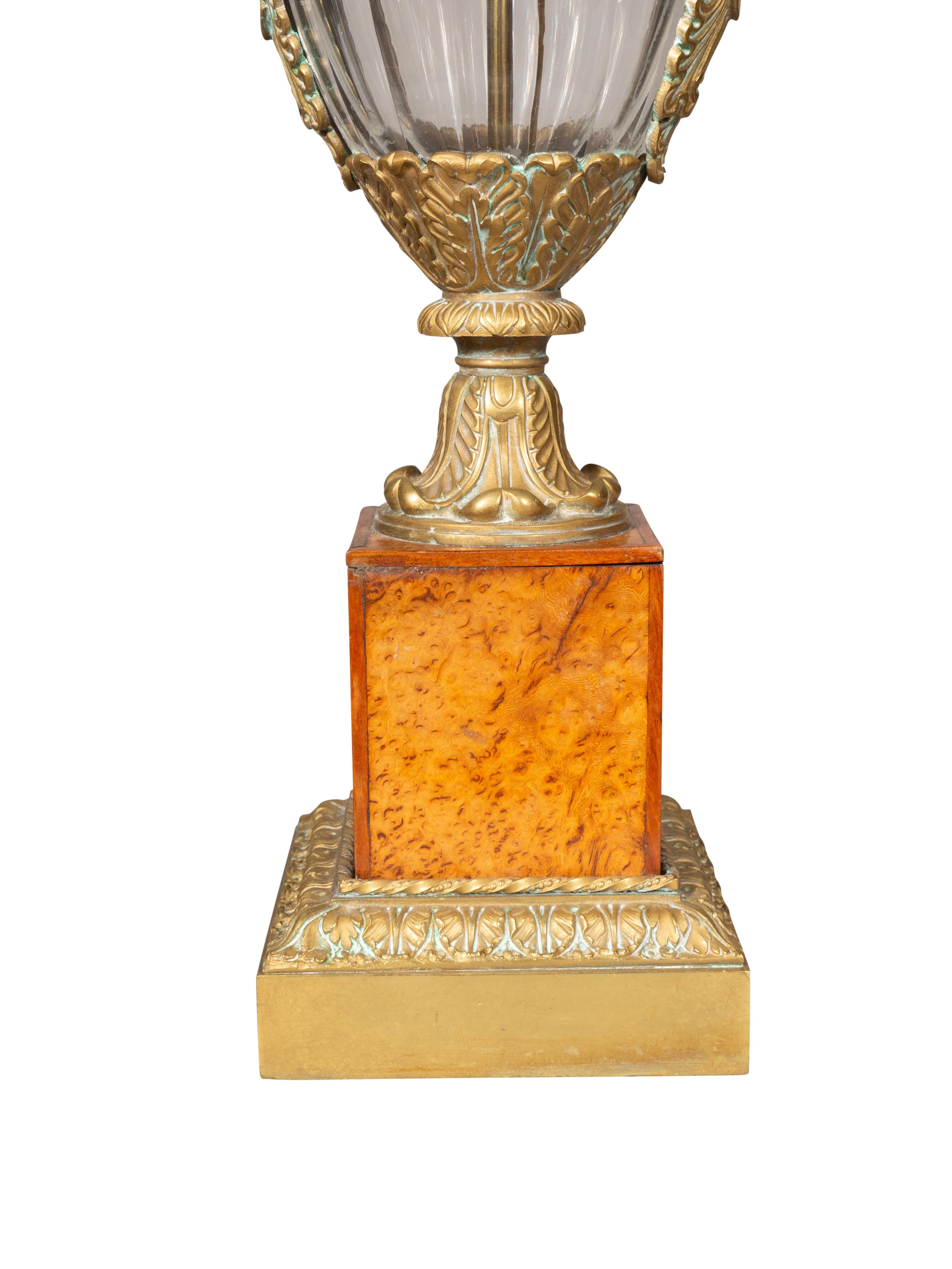 Late 19th Century Pair Of Russian Cut Glass And Karelian Birch Table Lamps