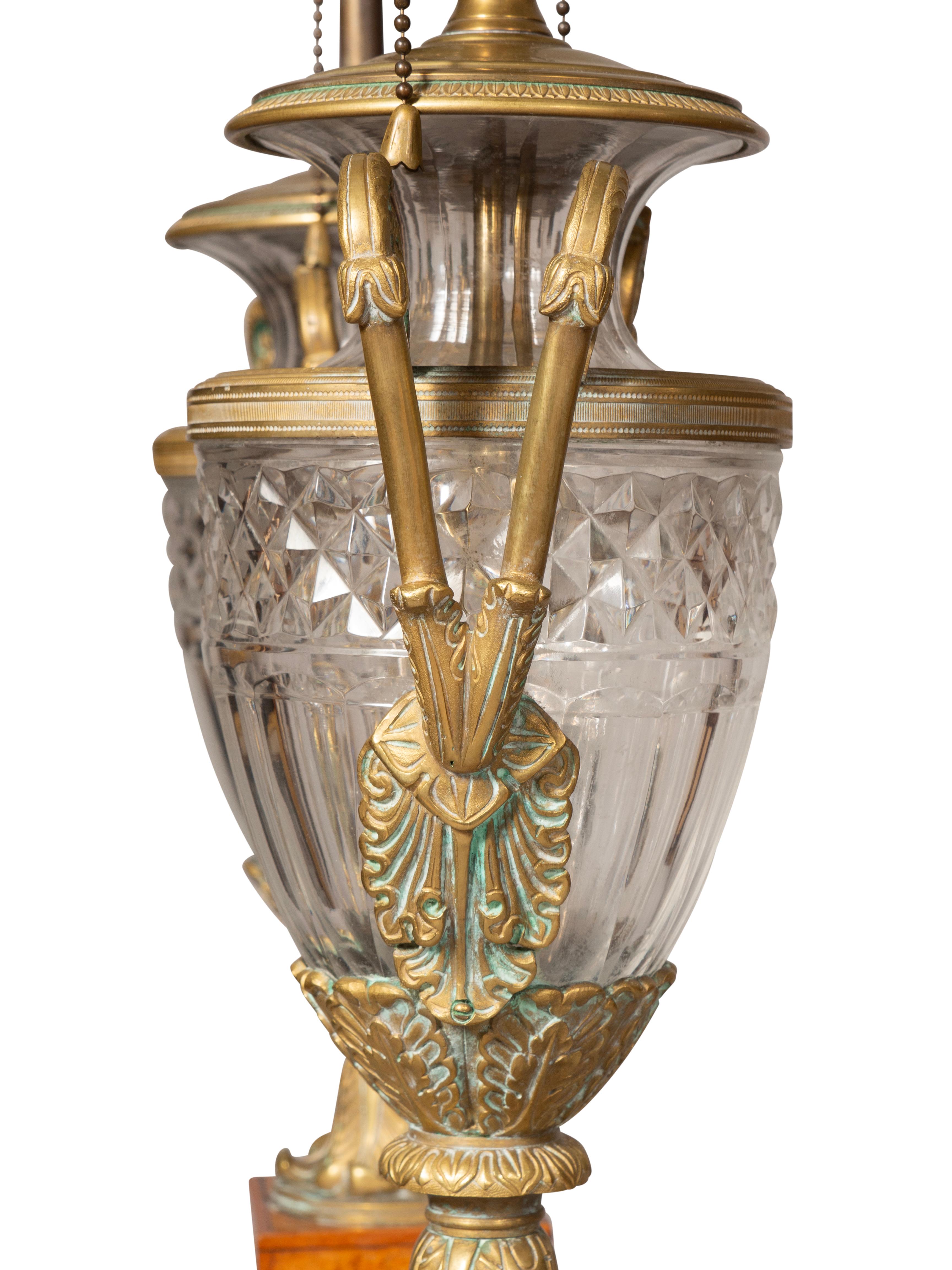 Bronze Pair Of Russian Cut Glass And Karelian Birch Table Lamps