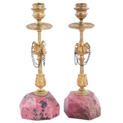 Pair of Russian Gilt Bronze & Rhodonite Candlesticks with Eagle
