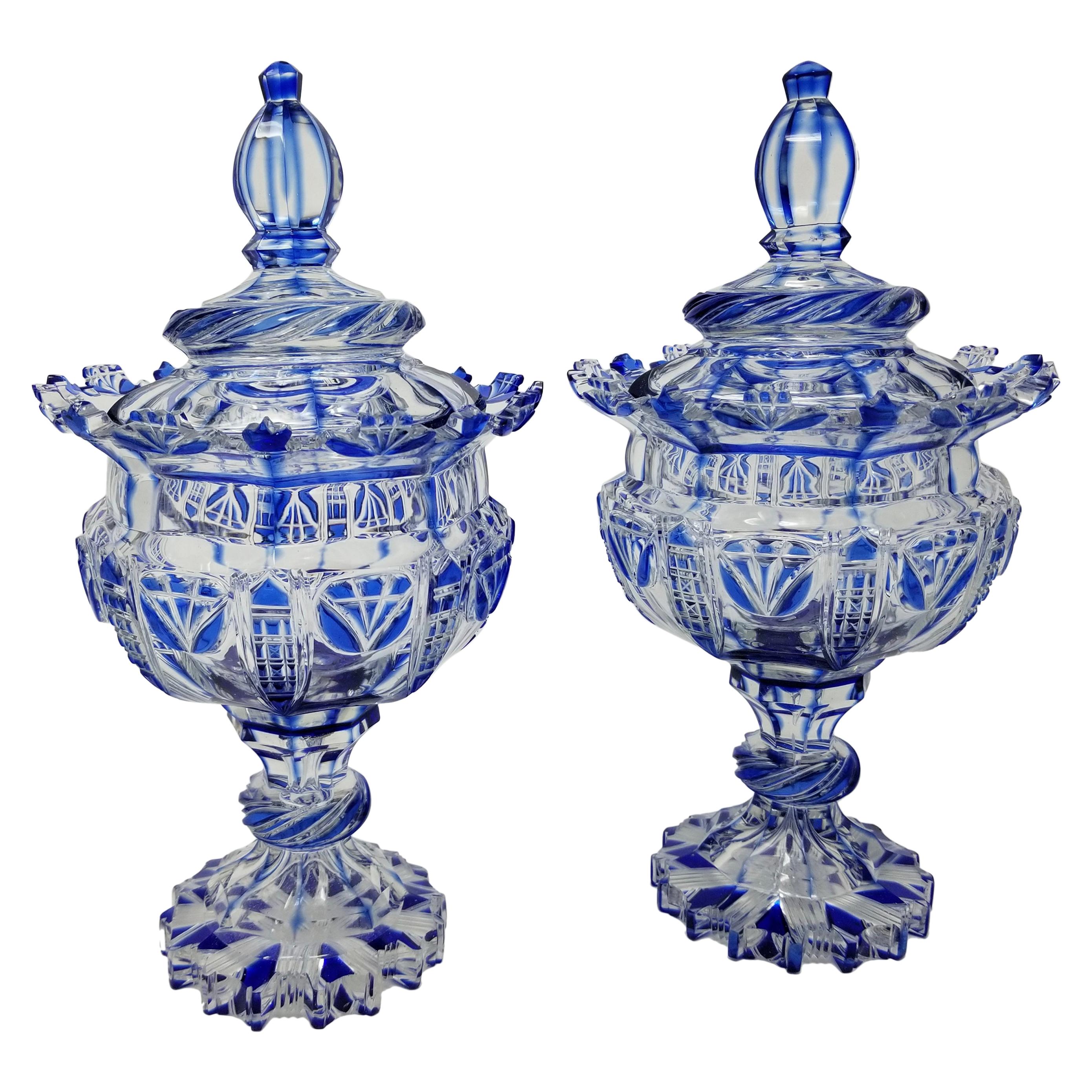 Pair of Russian Hand-Diamond Cut Crystal Covered Urns, Imperial Glass Manufactor For Sale