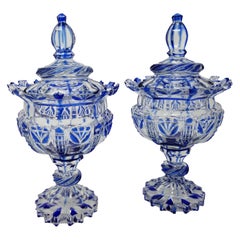Pair of Russian Hand-Diamond Cut Crystal Covered Urns, Imperial Glass Manufactor