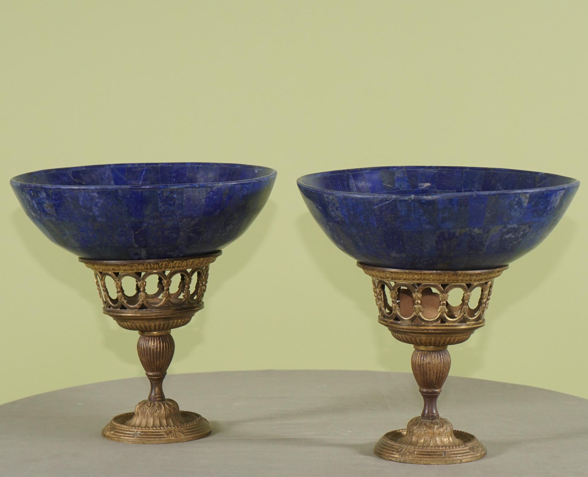 Pair of Russian Lapis Lazuli Bowls on Gilt Bronze Stands For Sale 2