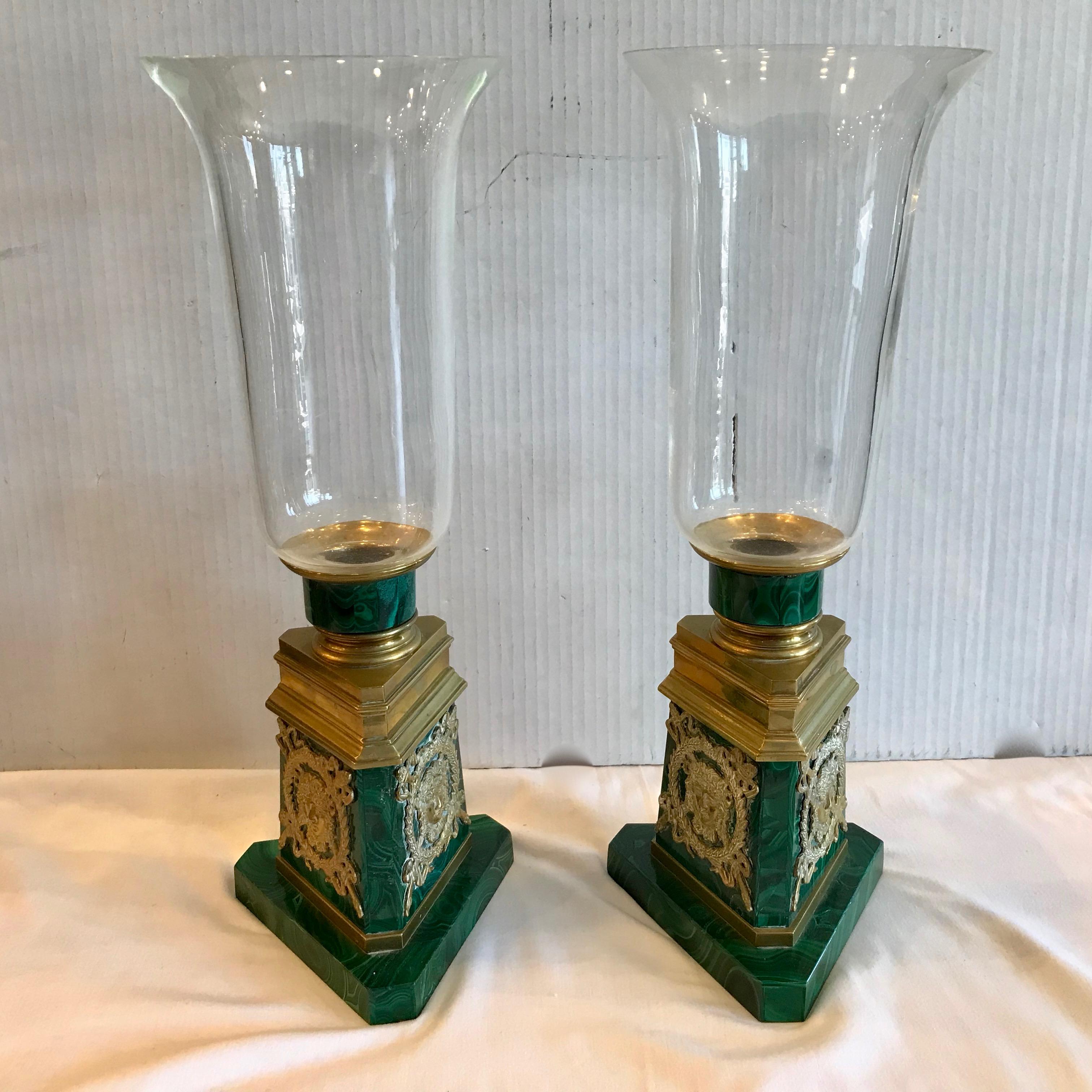 Pair of Russian Malachite Hurricane Lamps For Sale 4