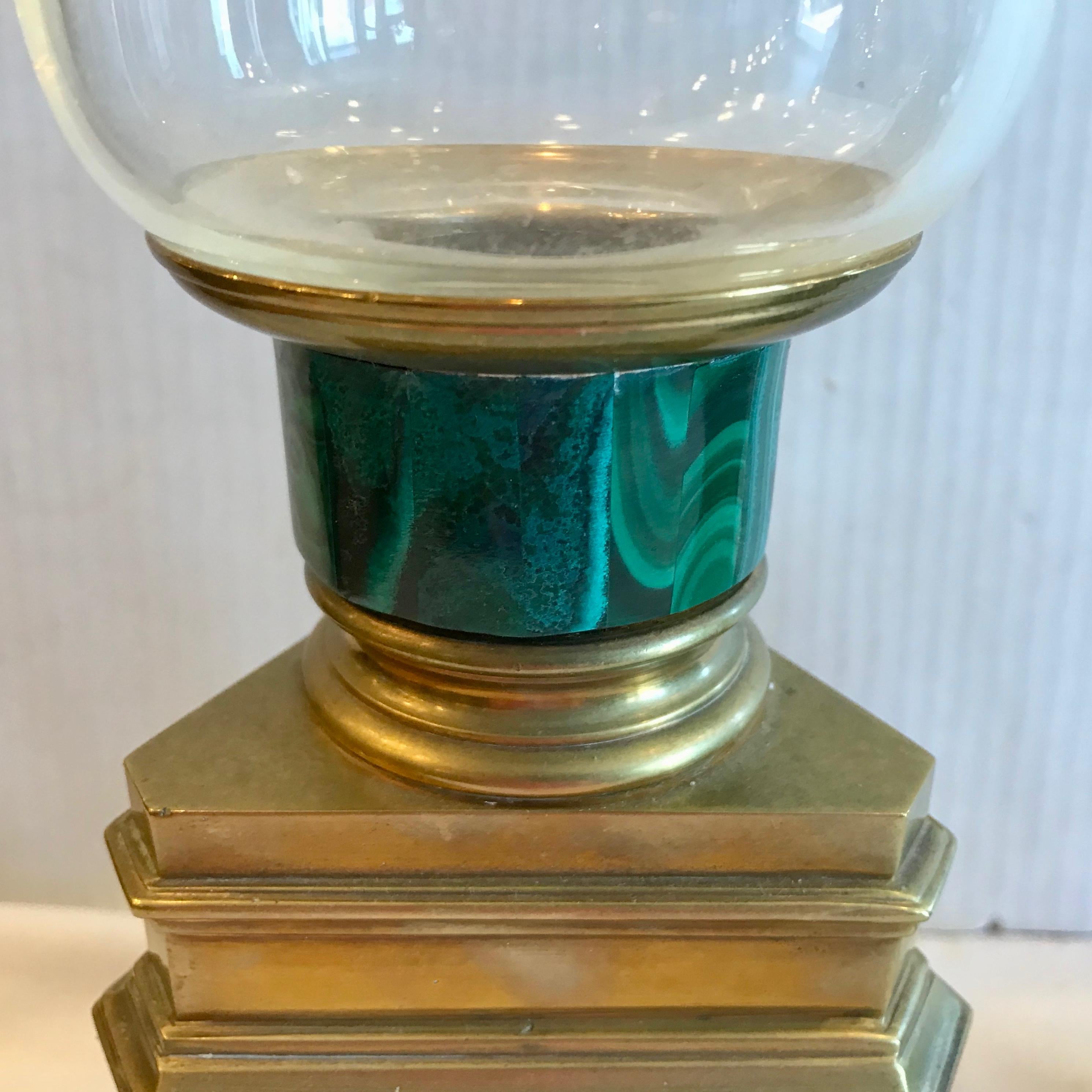 Pair of Russian Malachite Hurricane Lamps For Sale 5