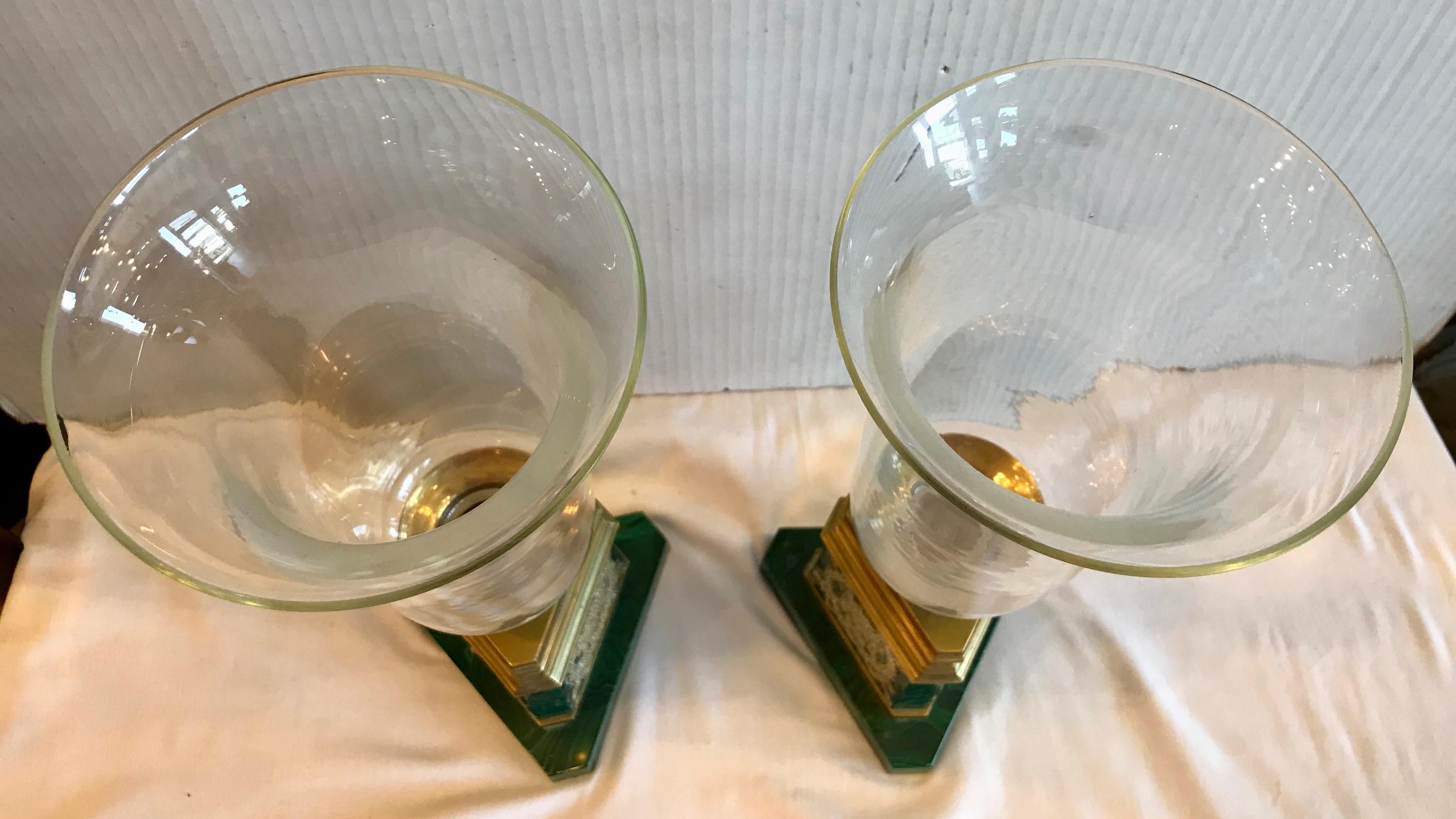Pair of Russian Malachite Hurricane Lamps For Sale 6