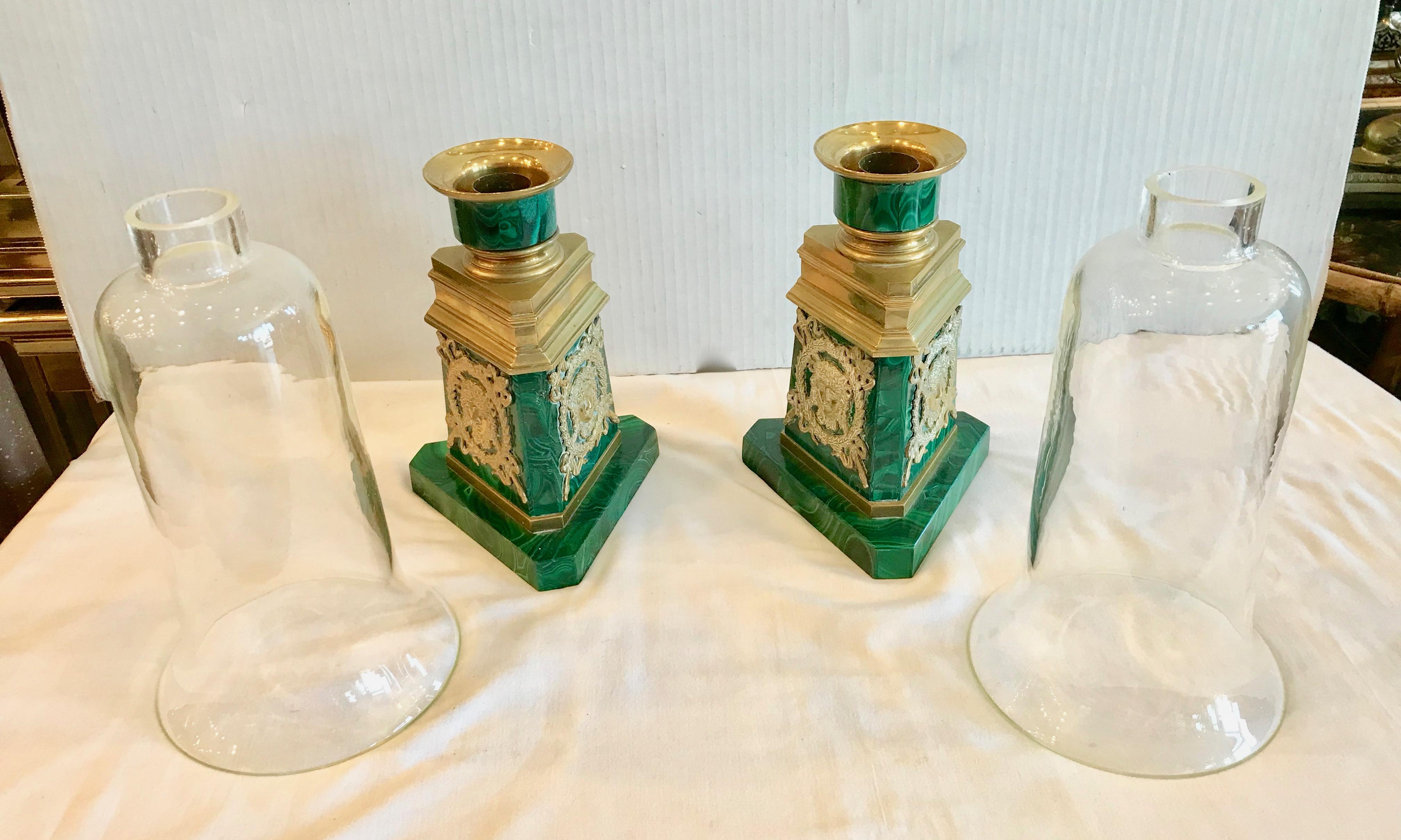 Pair of Russian Malachite Hurricane Lamps For Sale 8
