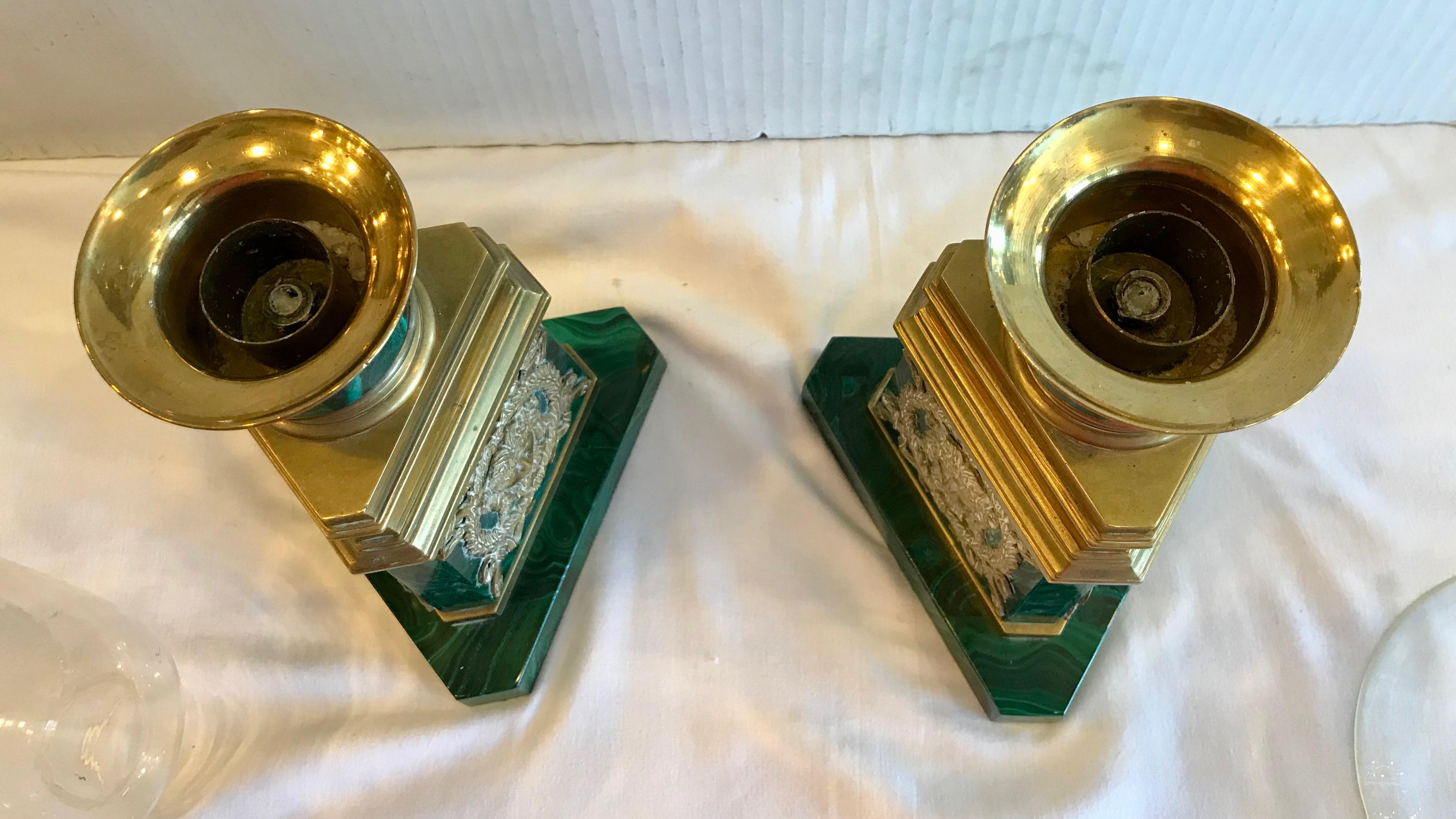 Pair of Russian Malachite Hurricane Lamps For Sale 9