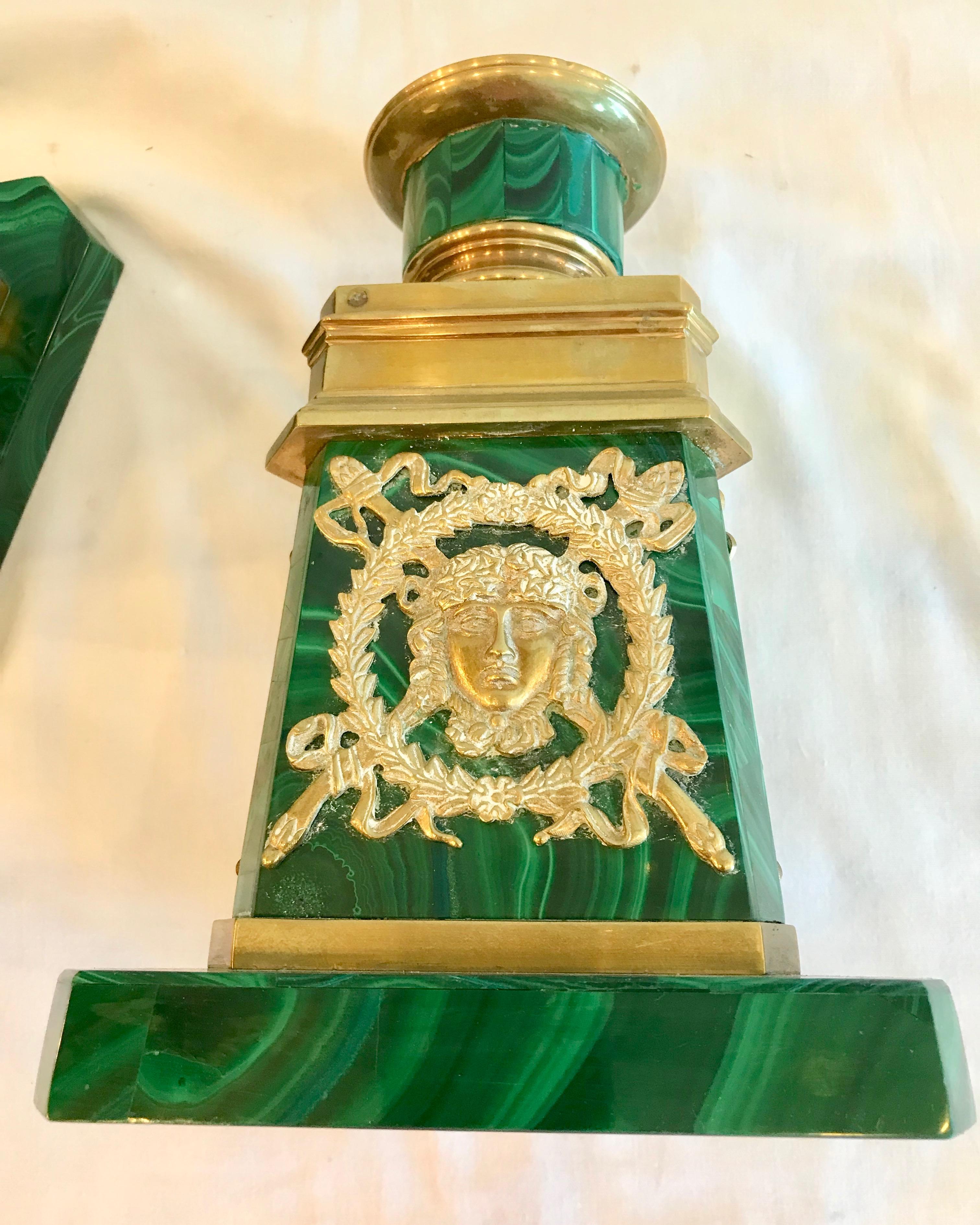 Pair of Russian Malachite Hurricane Lamps For Sale 11