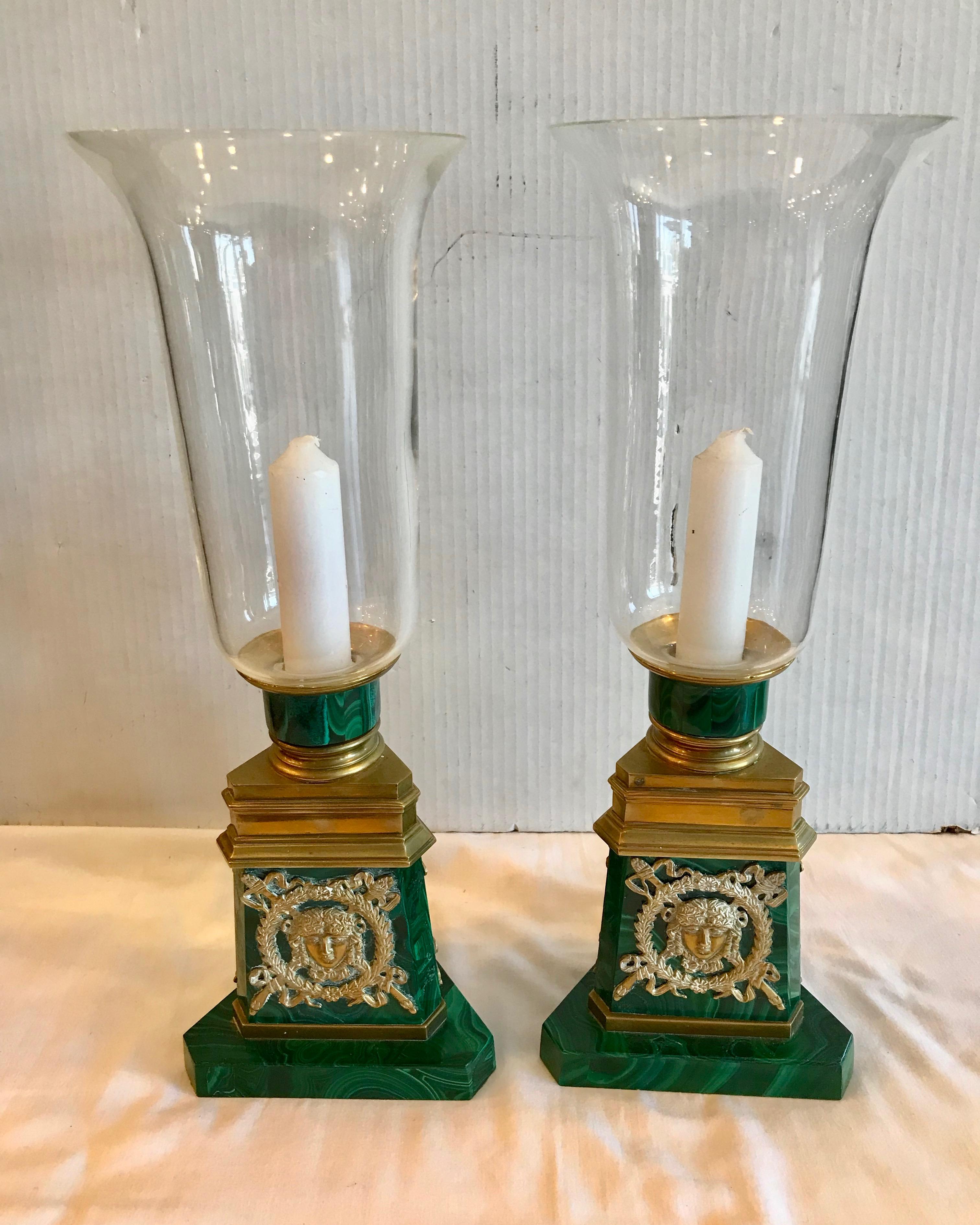 Pair of Russian Malachite Hurricane Lamps For Sale 13
