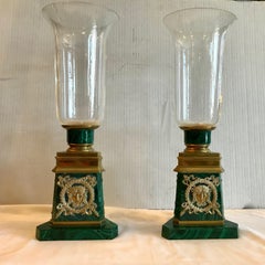 Pair of Russian Malachite Hurricane Lamps