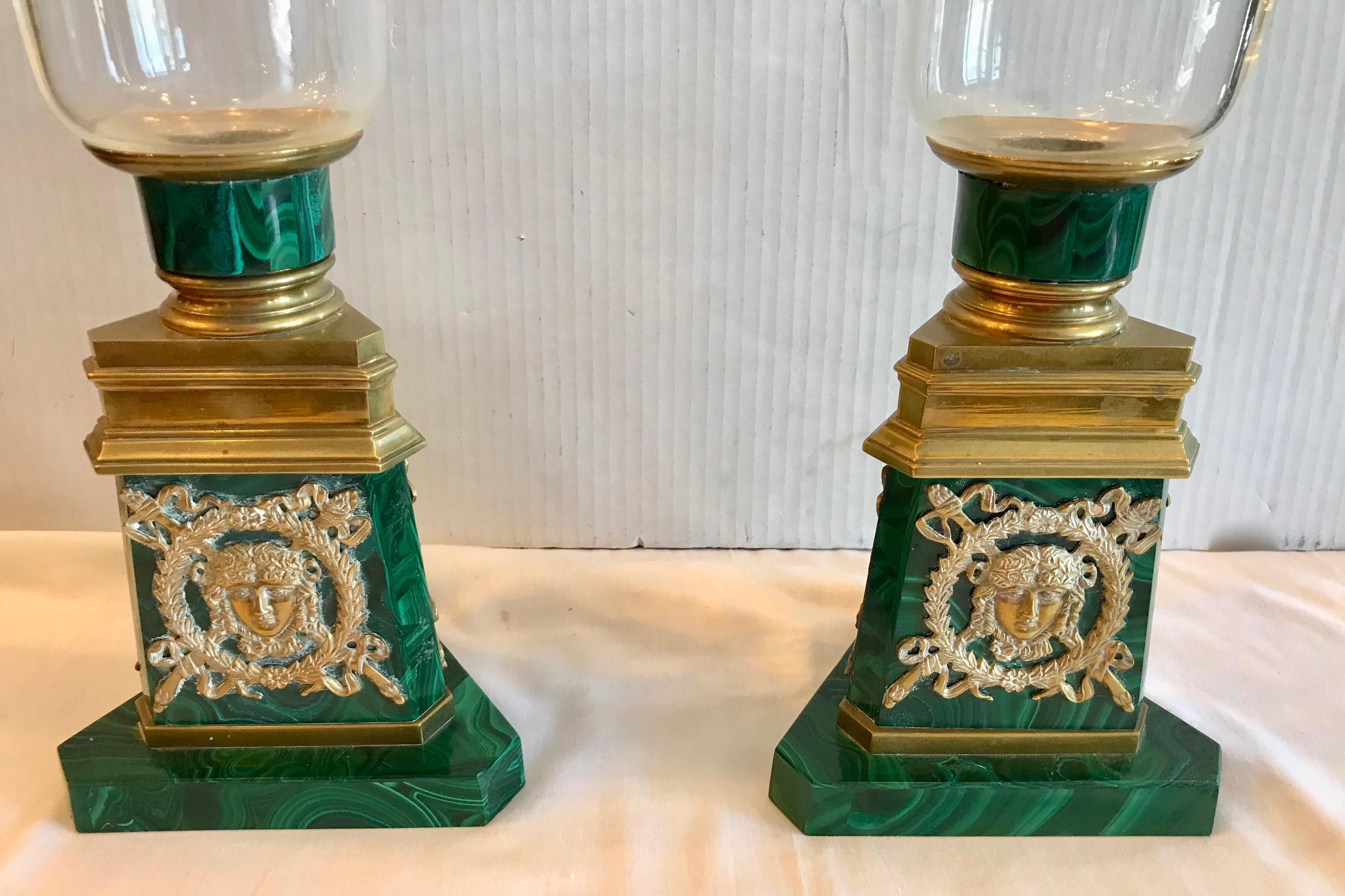 Pair of Russian Malachite Hurricane Lamps In Good Condition For Sale In West Palm Beach, FL