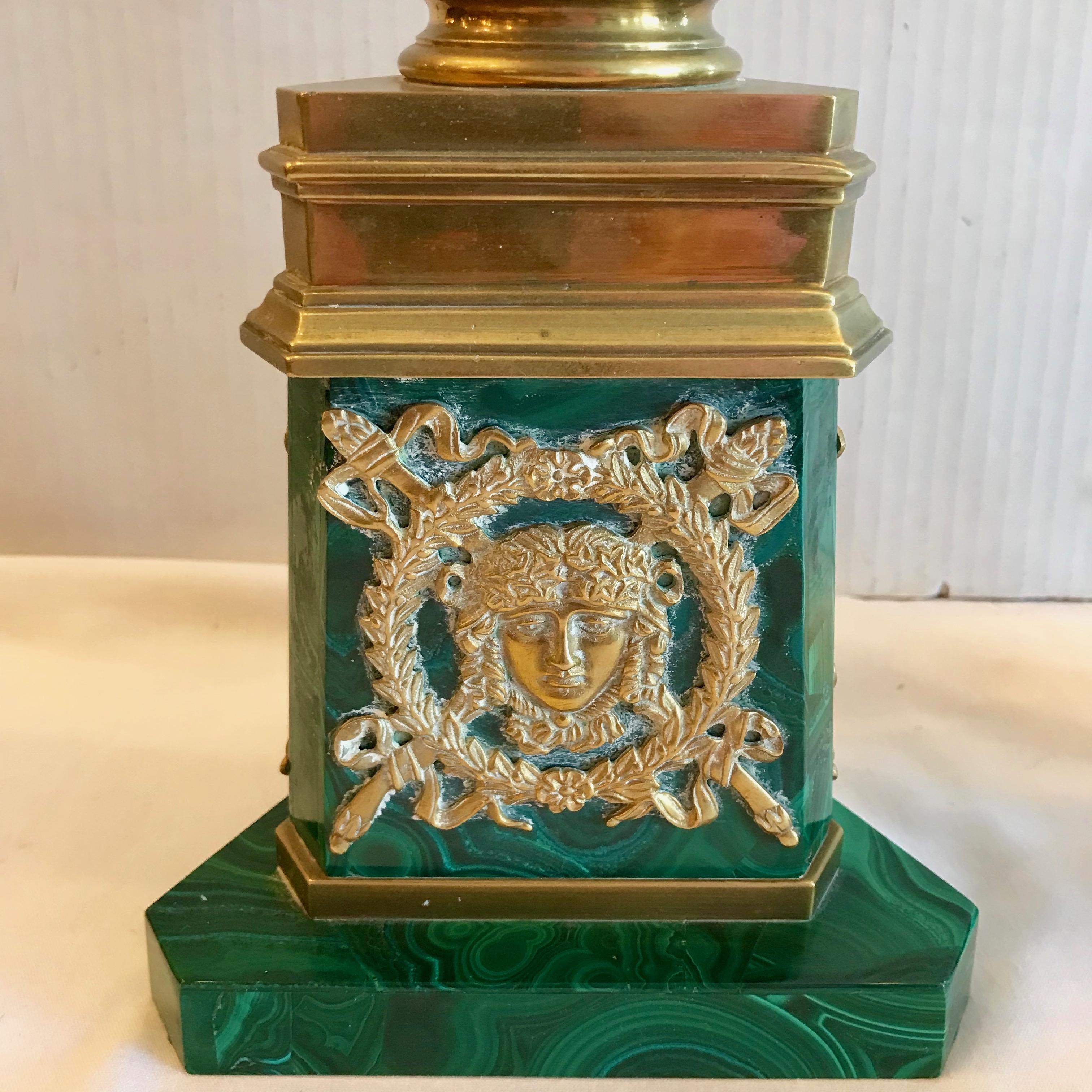 Mid-20th Century Pair of Russian Malachite Hurricane Lamps For Sale