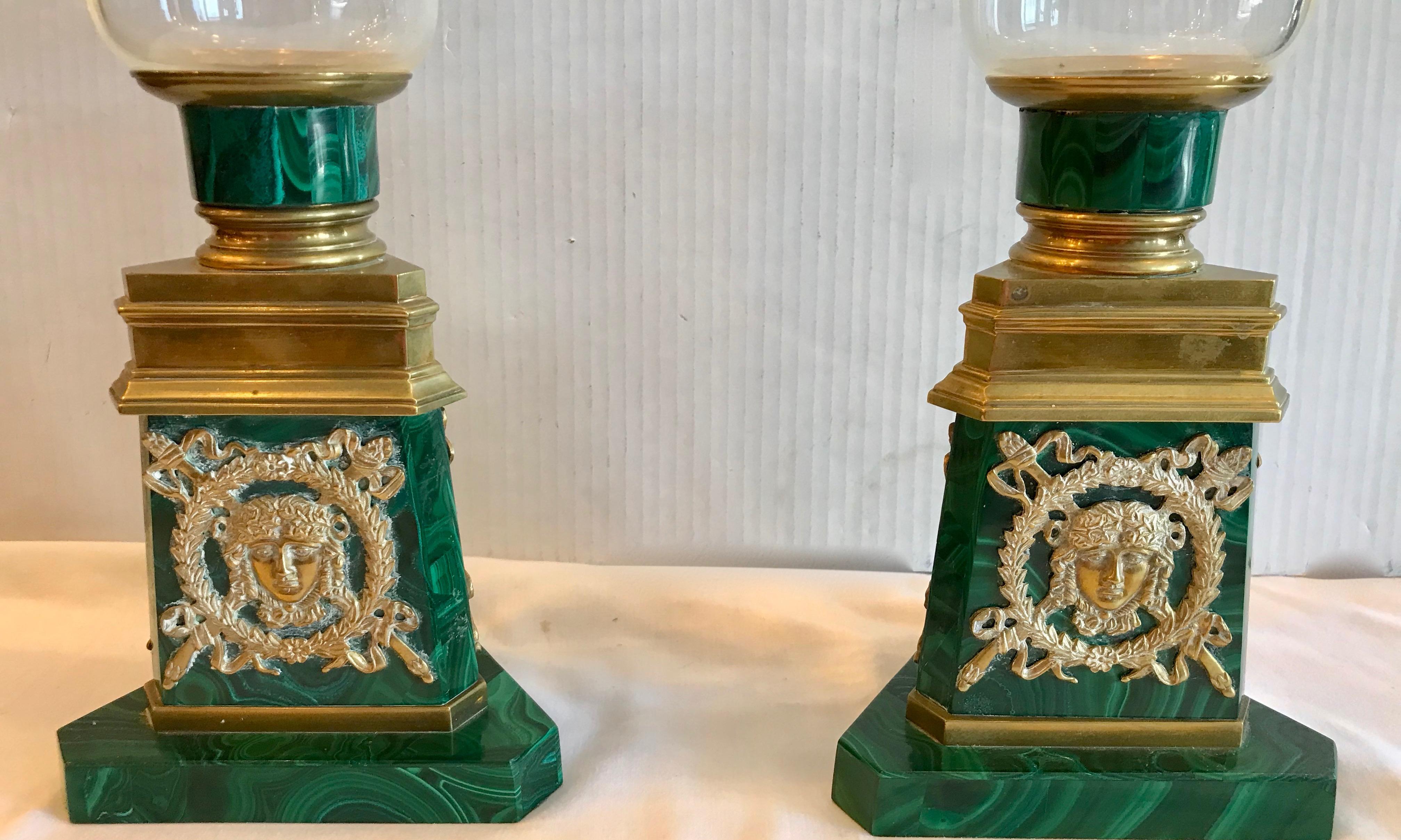 Brass Pair of Russian Malachite Hurricane Lamps For Sale