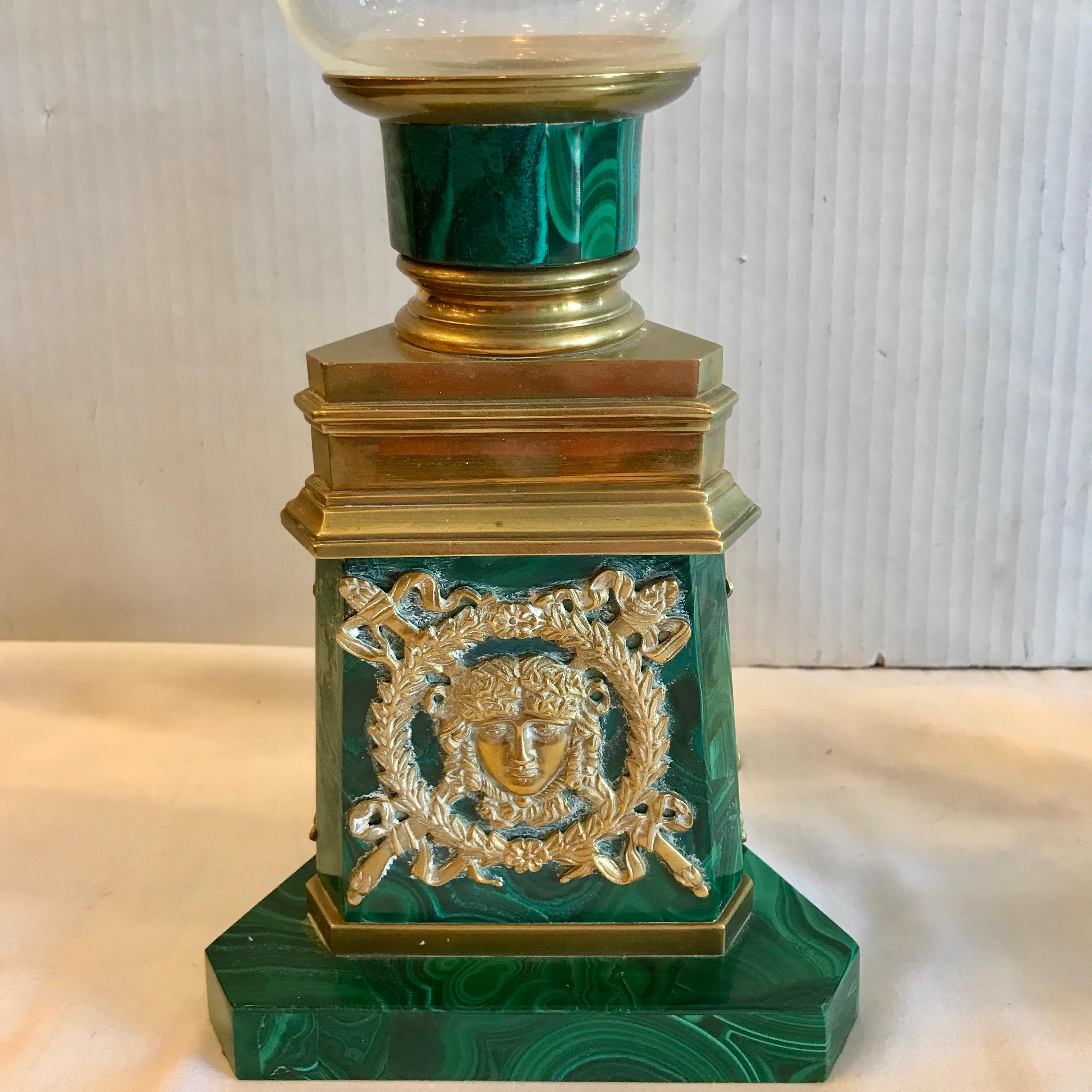 Pair of Russian Malachite Hurricane Lamps For Sale 1