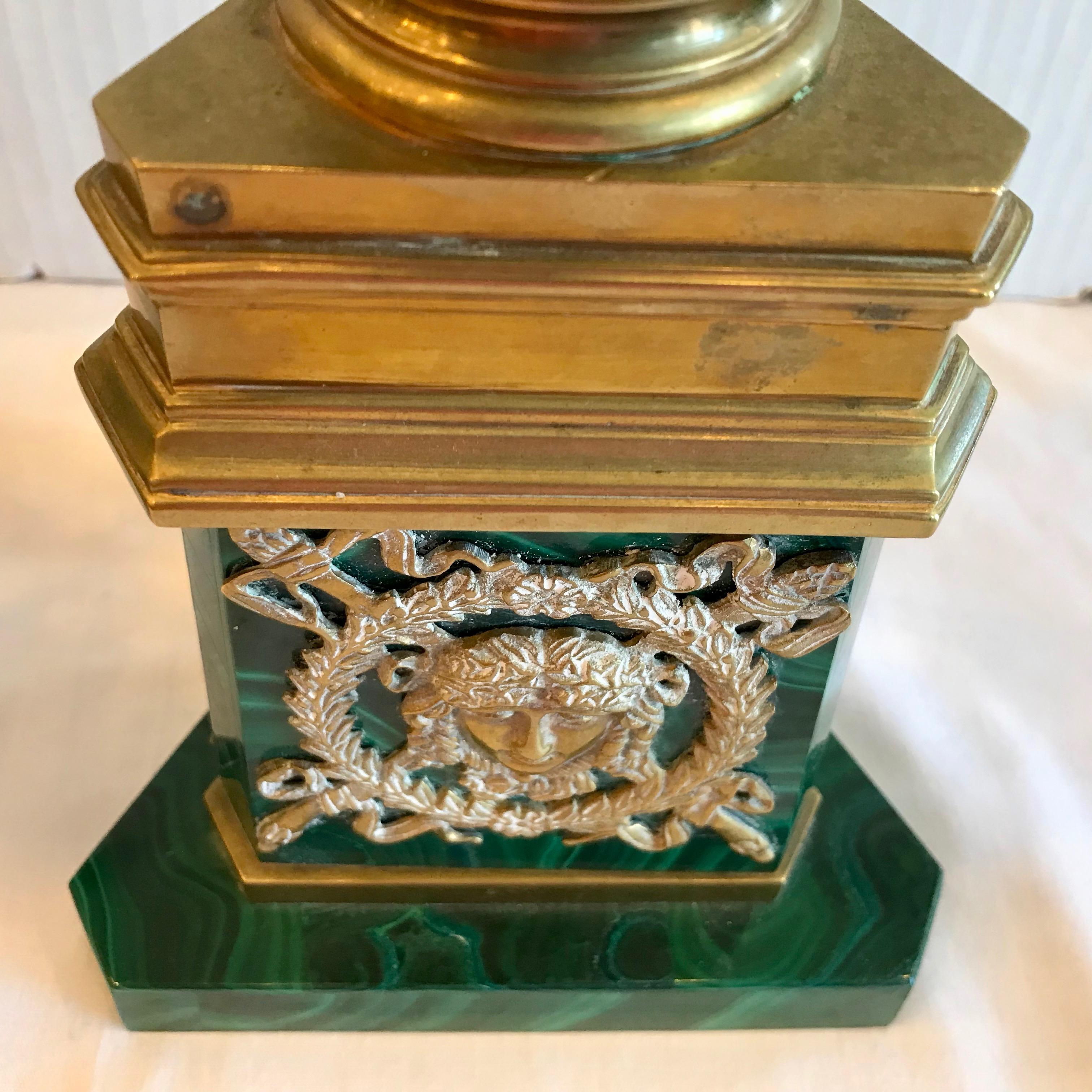 Pair of Russian Malachite Hurricane Lamps For Sale 3