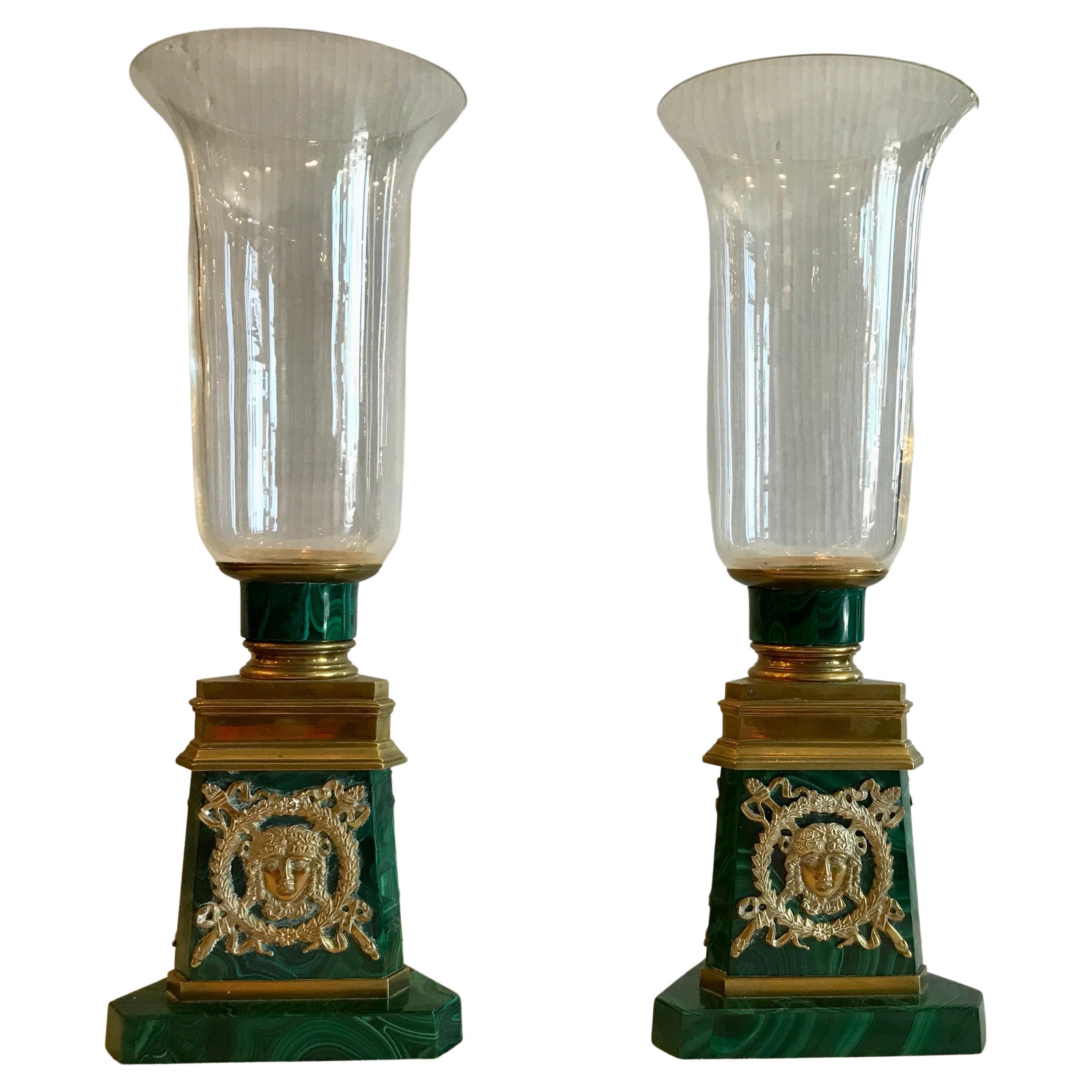 Pair of Russian Malachite Hurricane Lamps For Sale