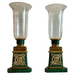 Vintage Pair of Russian Malachite Hurricane Lamps