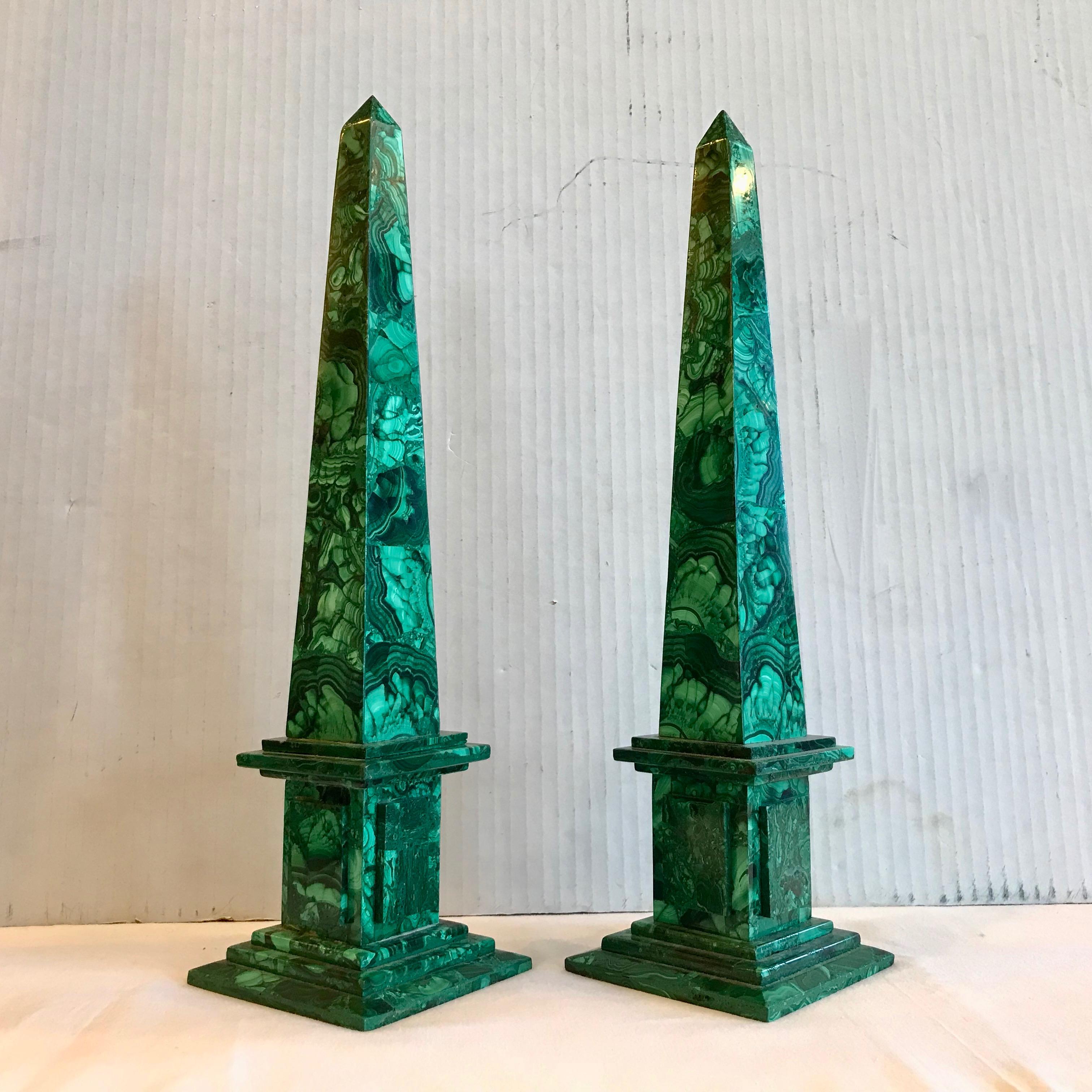 Pair of Russian Malachite Obelisks In Good Condition For Sale In West Palm Beach, FL