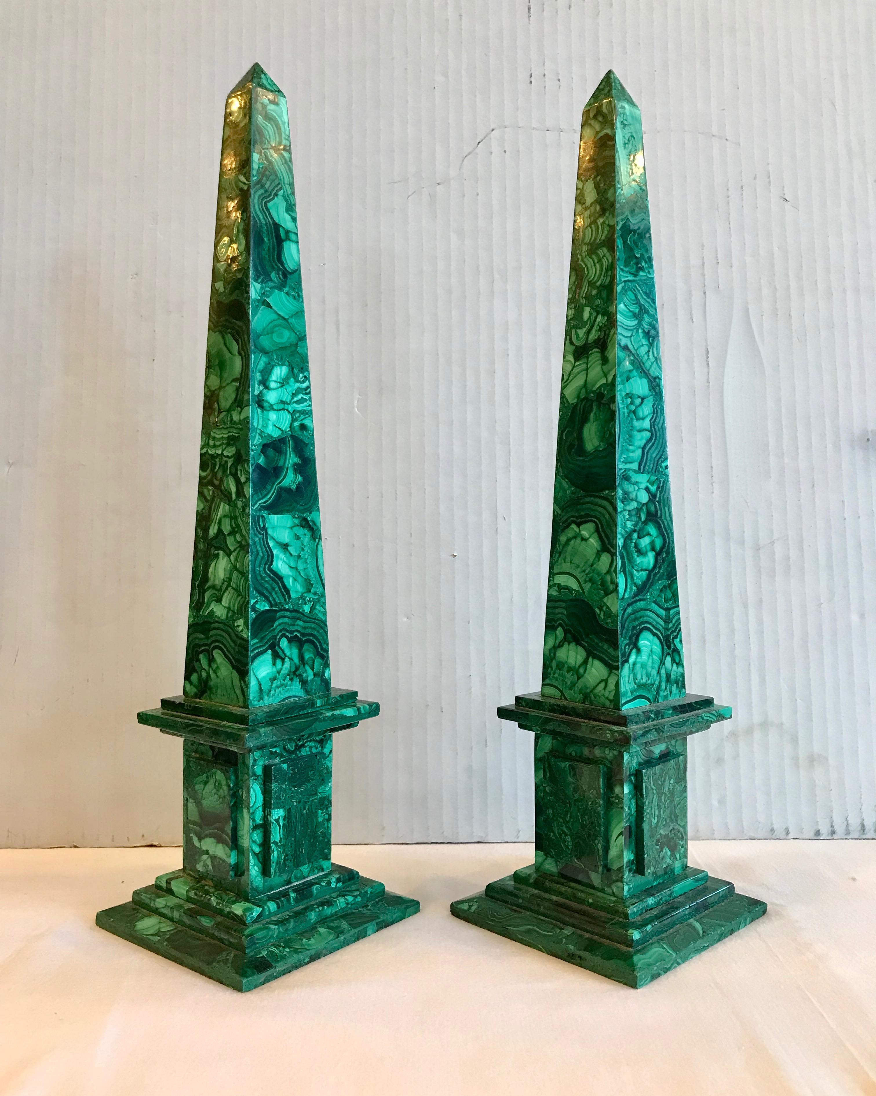 Mid-20th Century Pair of Russian Malachite Obelisks For Sale