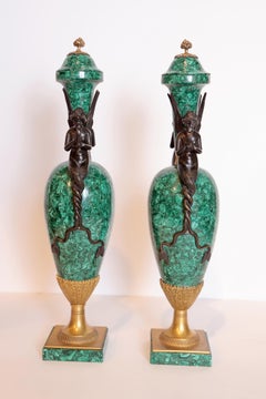Pair of Russian Malachite Urns with Bronze Water Maidens