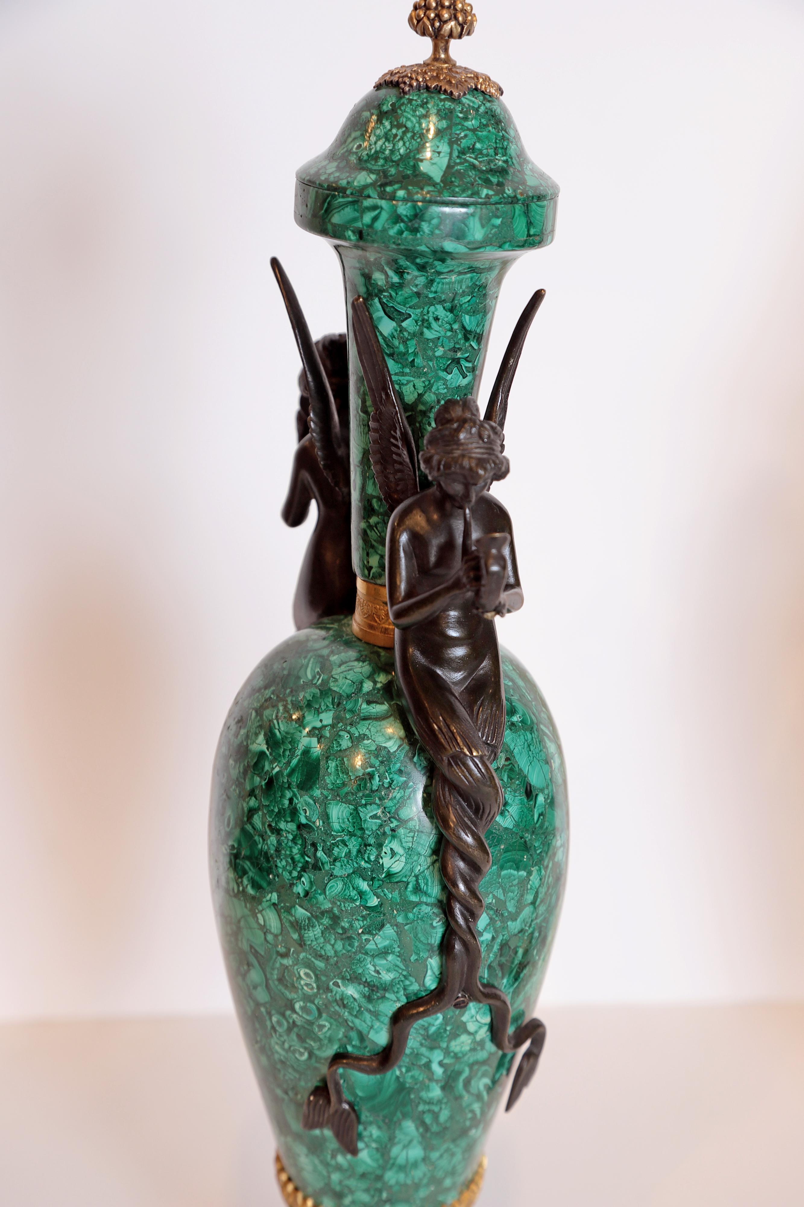 Grand Tour Pair of Russian Malachite Urns with Bronze Water Maidens