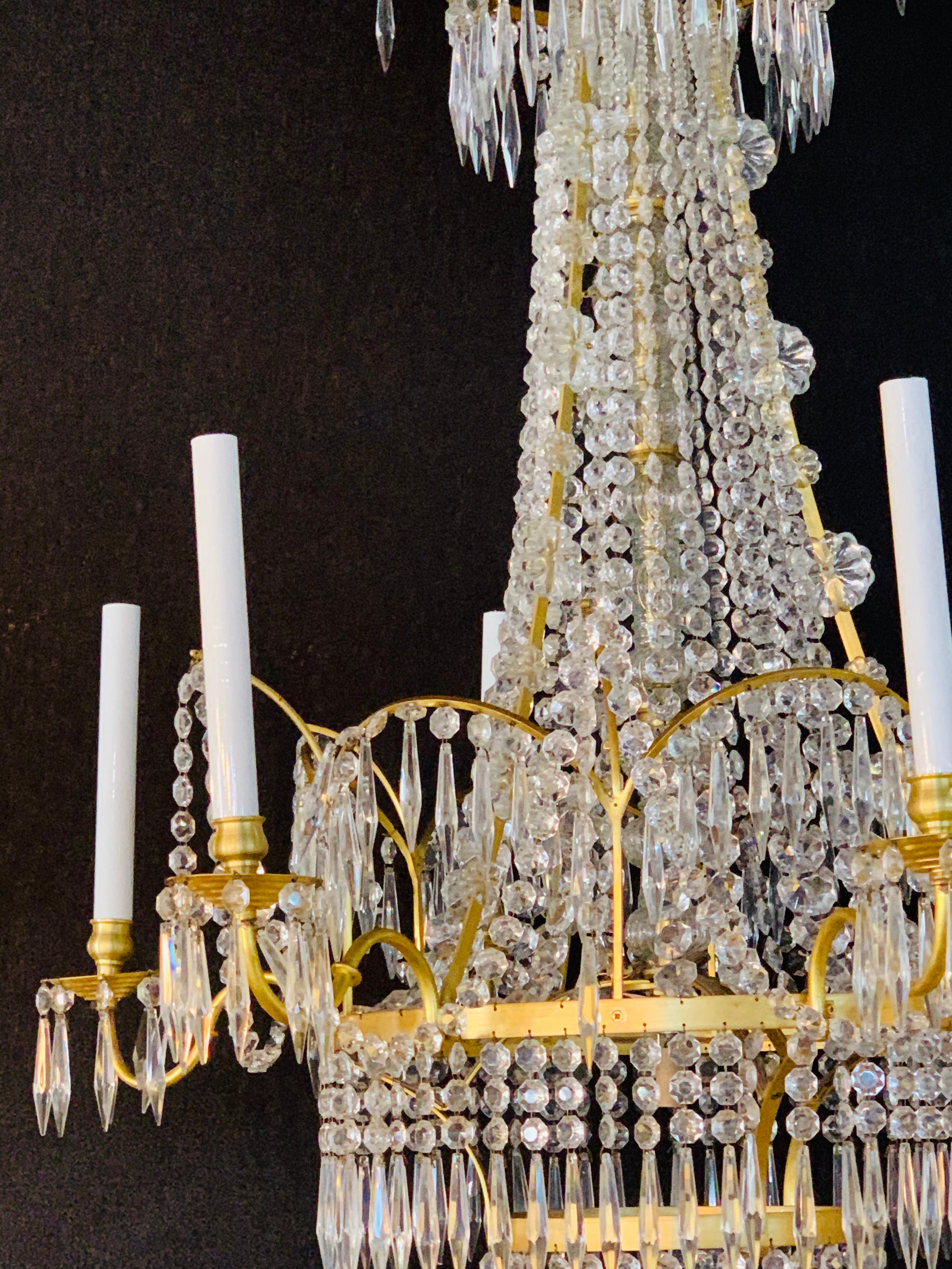 Pair of Russian Neoclassical Style Bronze and Crystal 7-Light Chandeliers 6