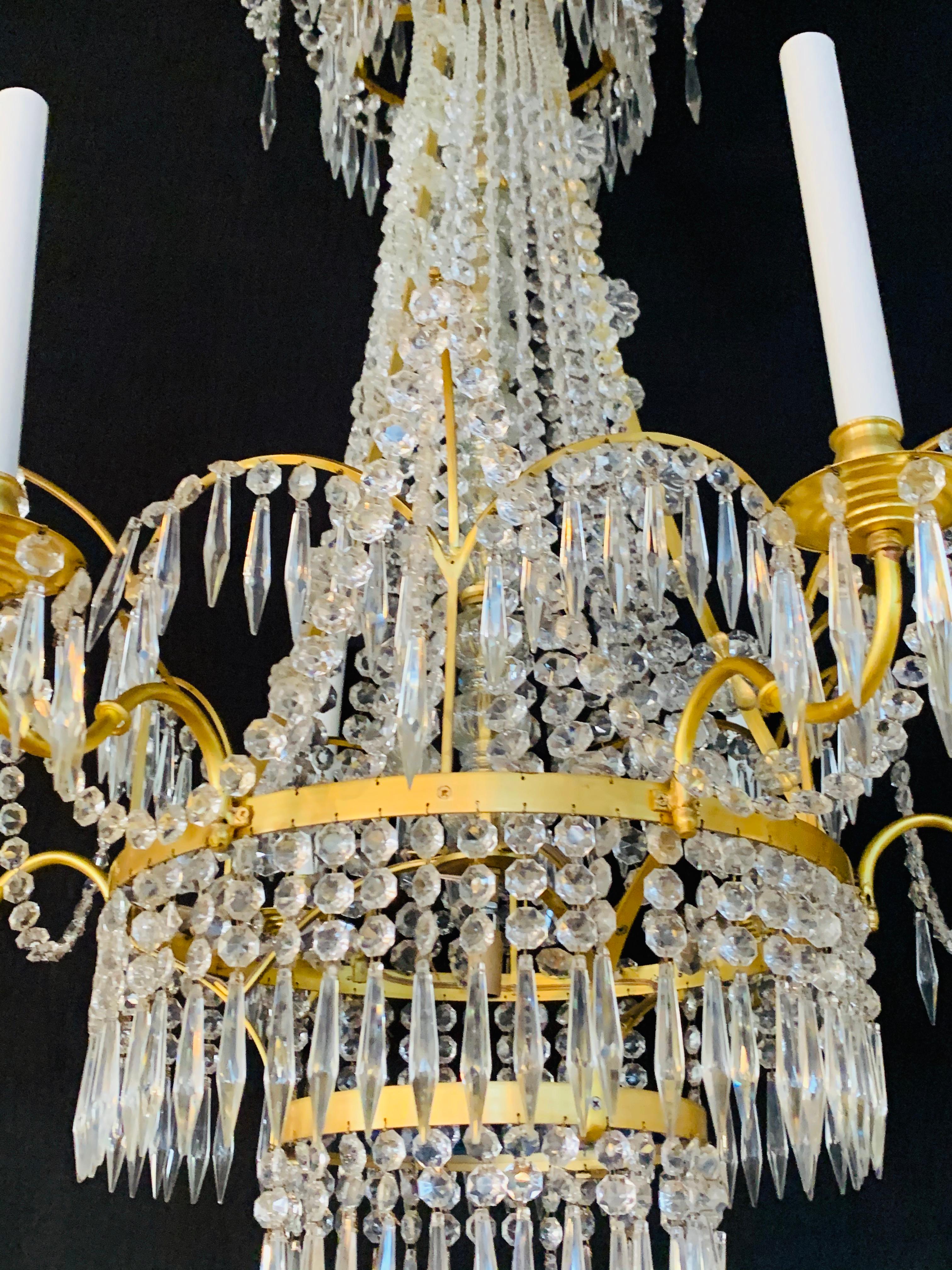 Pair of Russian Neoclassical Style Bronze and Crystal 7-Light Chandeliers 10