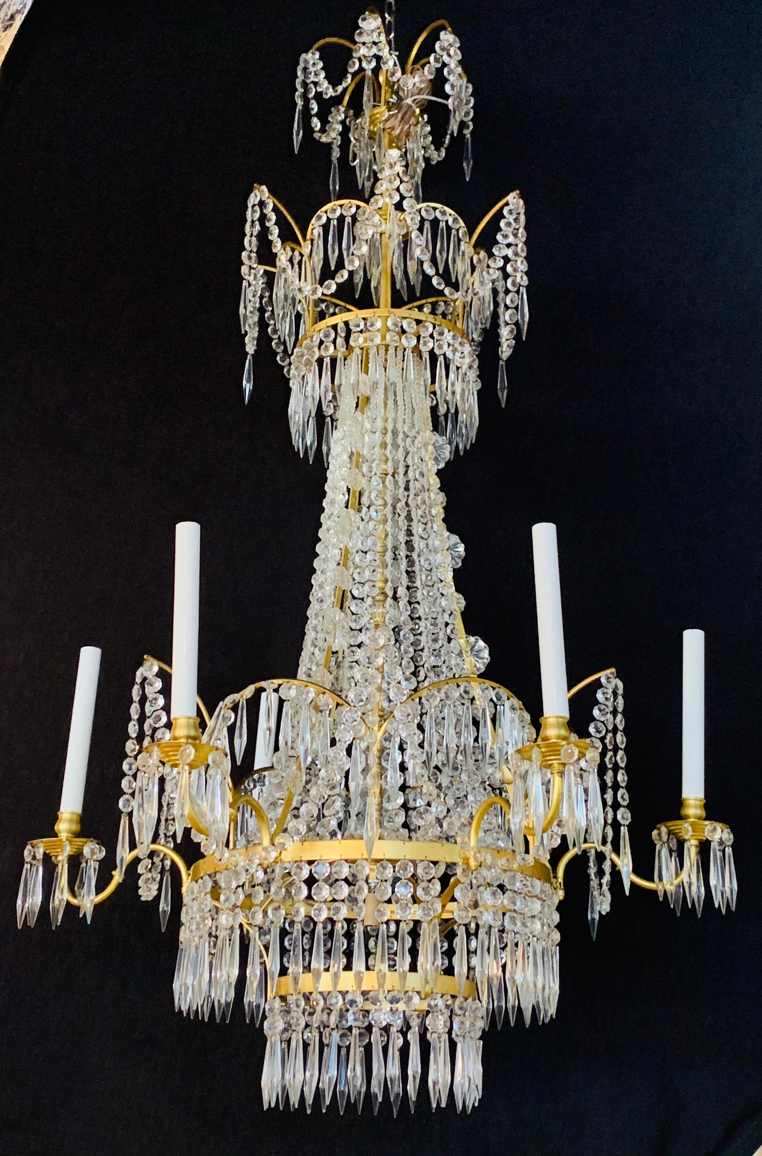 Pair of Russian Neoclassical Style Bronze and Crystal 7-Light Chandeliers 12