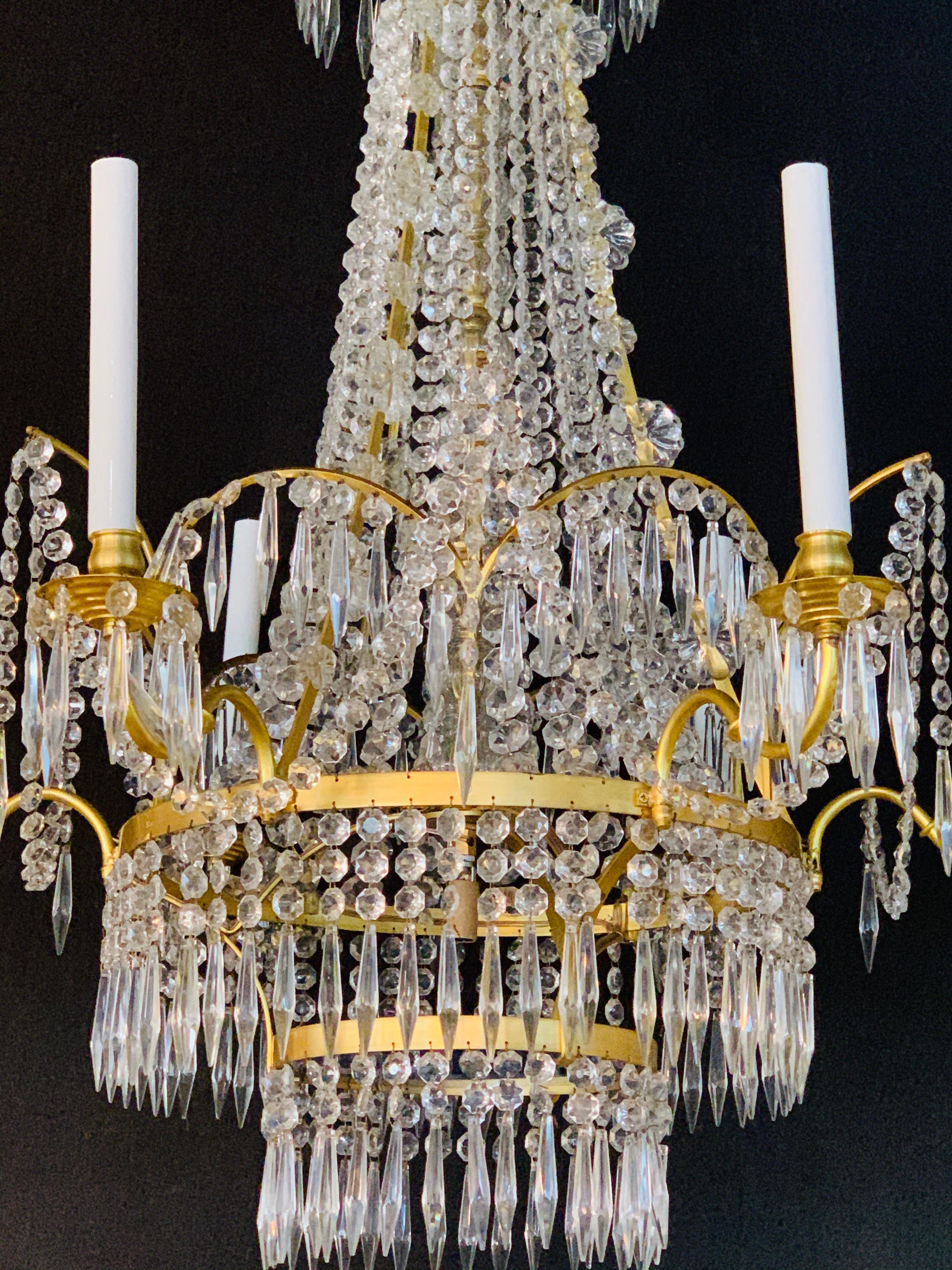 Pair of Russian Neoclassical Style Bronze and Crystal 7-Light Chandeliers 13