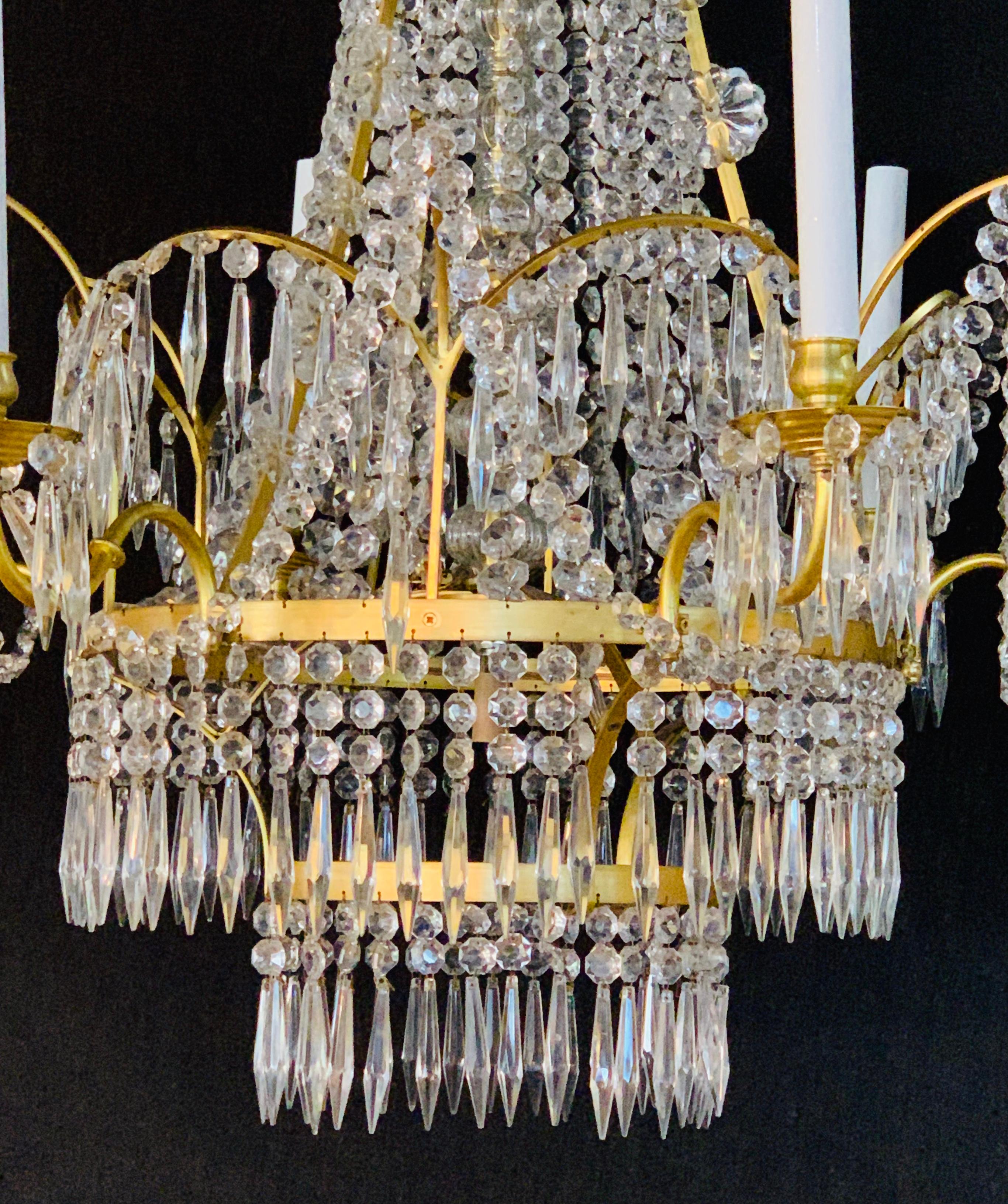 Pair of Russian Neoclassical Style Bronze and Crystal 7-Light Chandeliers 4