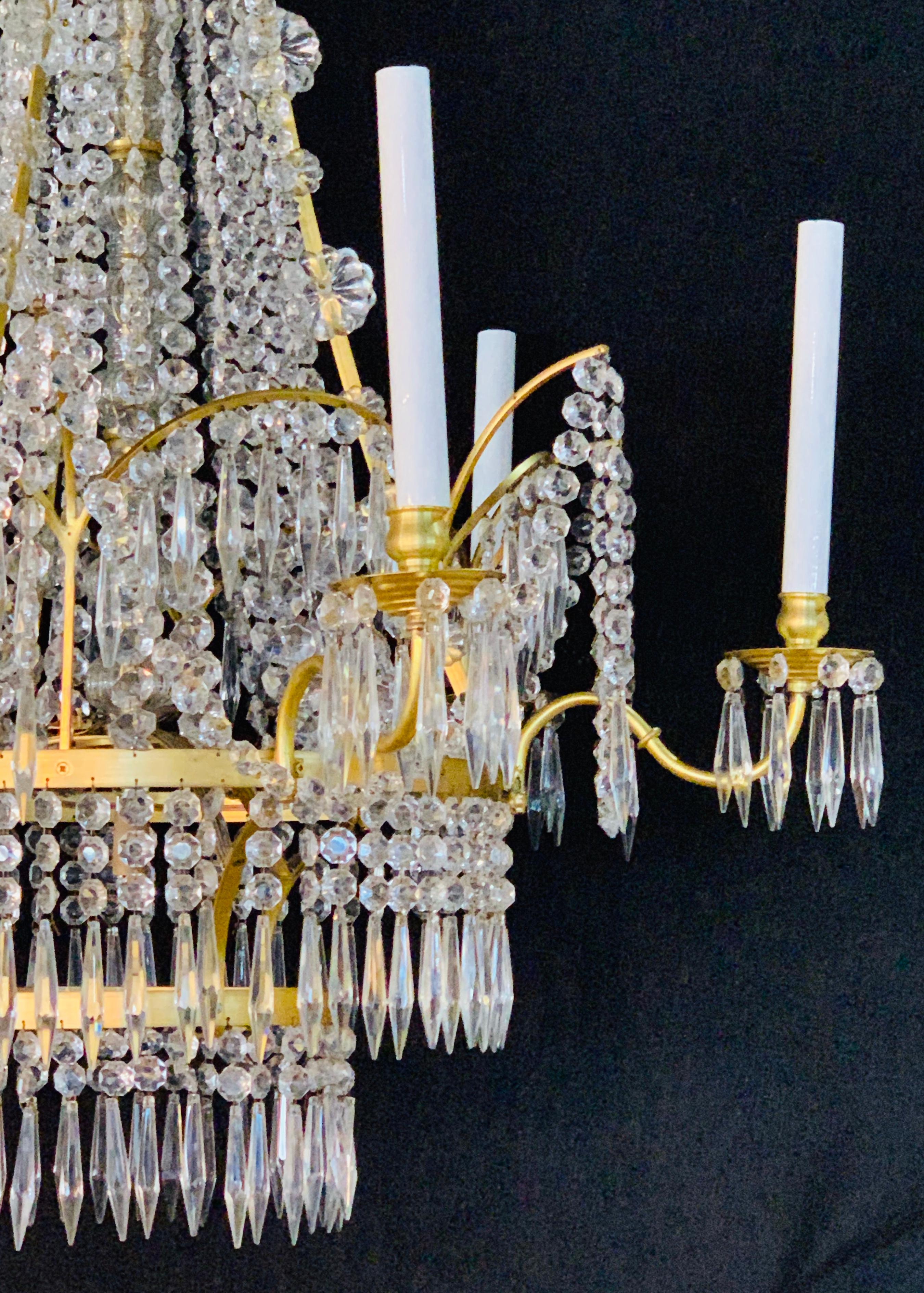 Pair of Russian Neoclassical Style Bronze and Crystal 7-Light Chandeliers 5