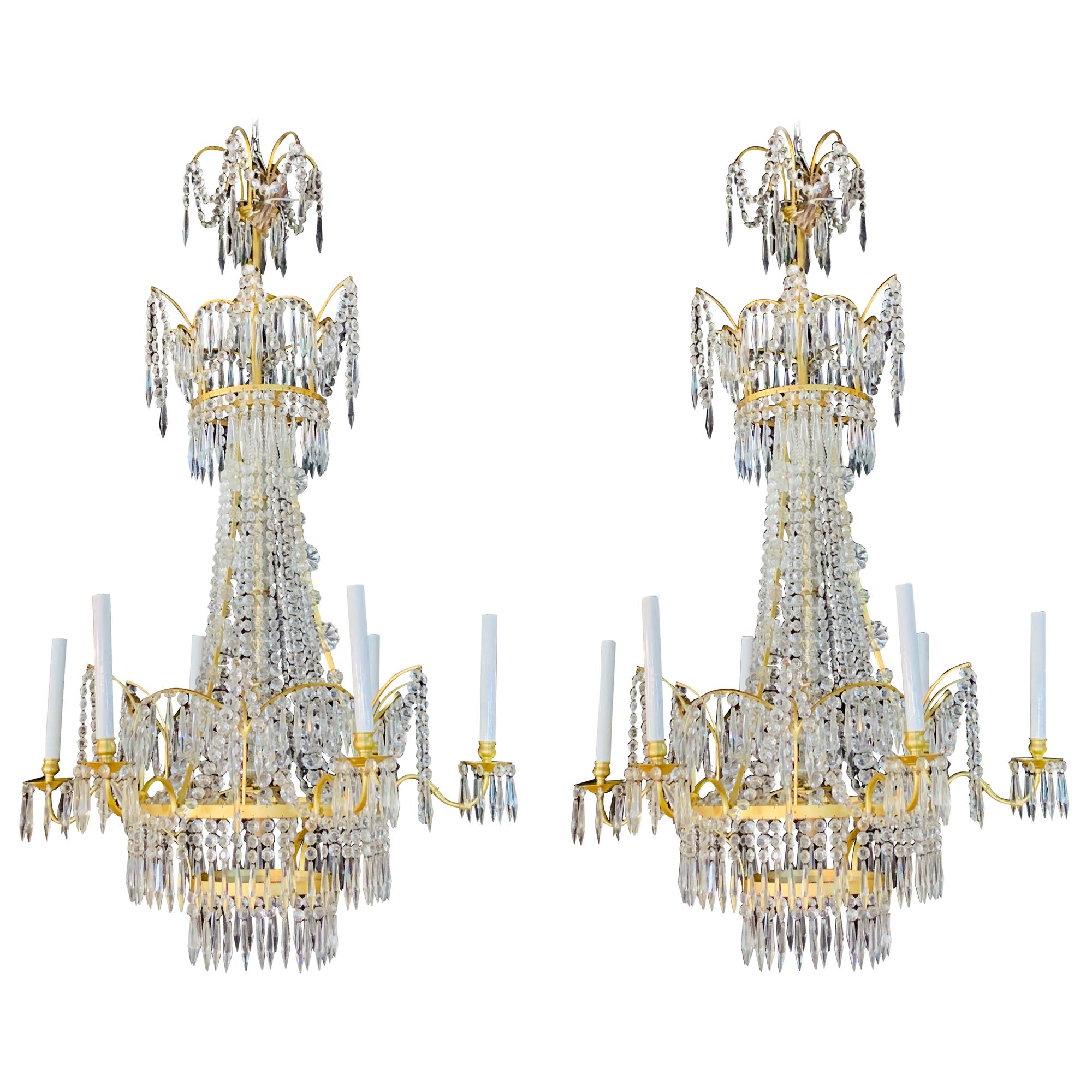 Pair of Russian Neoclassical Style Bronze and Crystal 7-Light Chandeliers