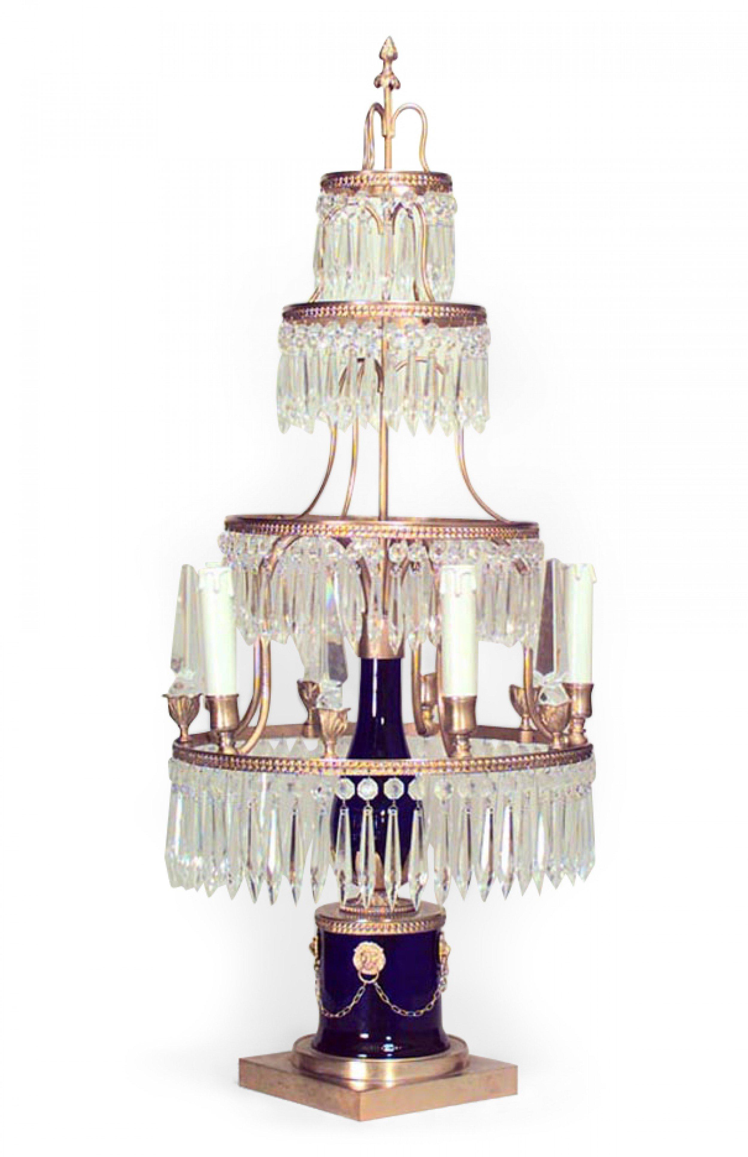 COPPIA di candelabri a 6 bracci in stile neoclassico russo (20° secolo) in ormolu, blu e vetro tagliato con 4 livelli sporgenti sopra una base a forma di tamburo e piede quadrato (PREZZO A COPPIA)

Base: 6,5