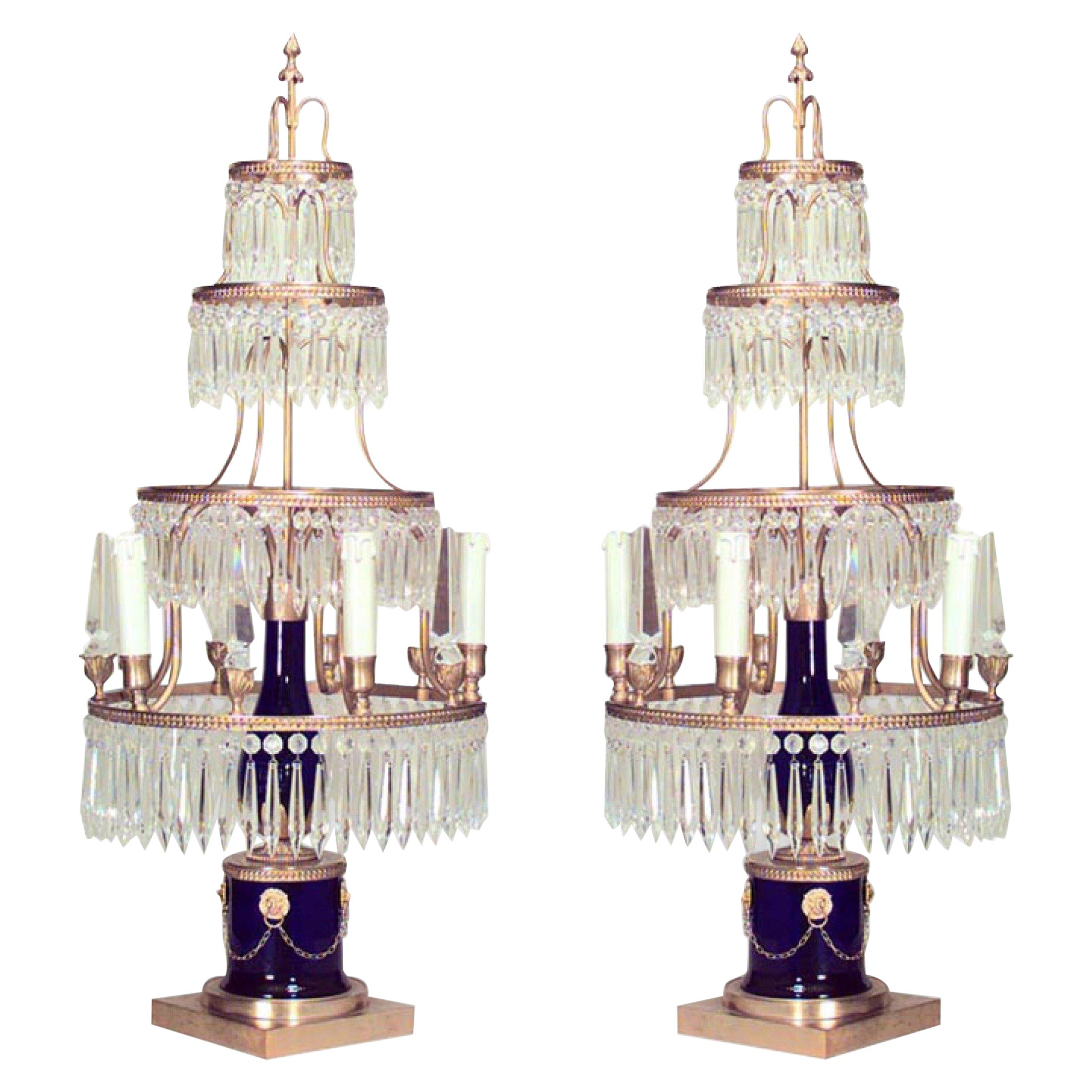 Pair of Russian Neoclassic Ormolu, Bronze, and Glass Candelabras