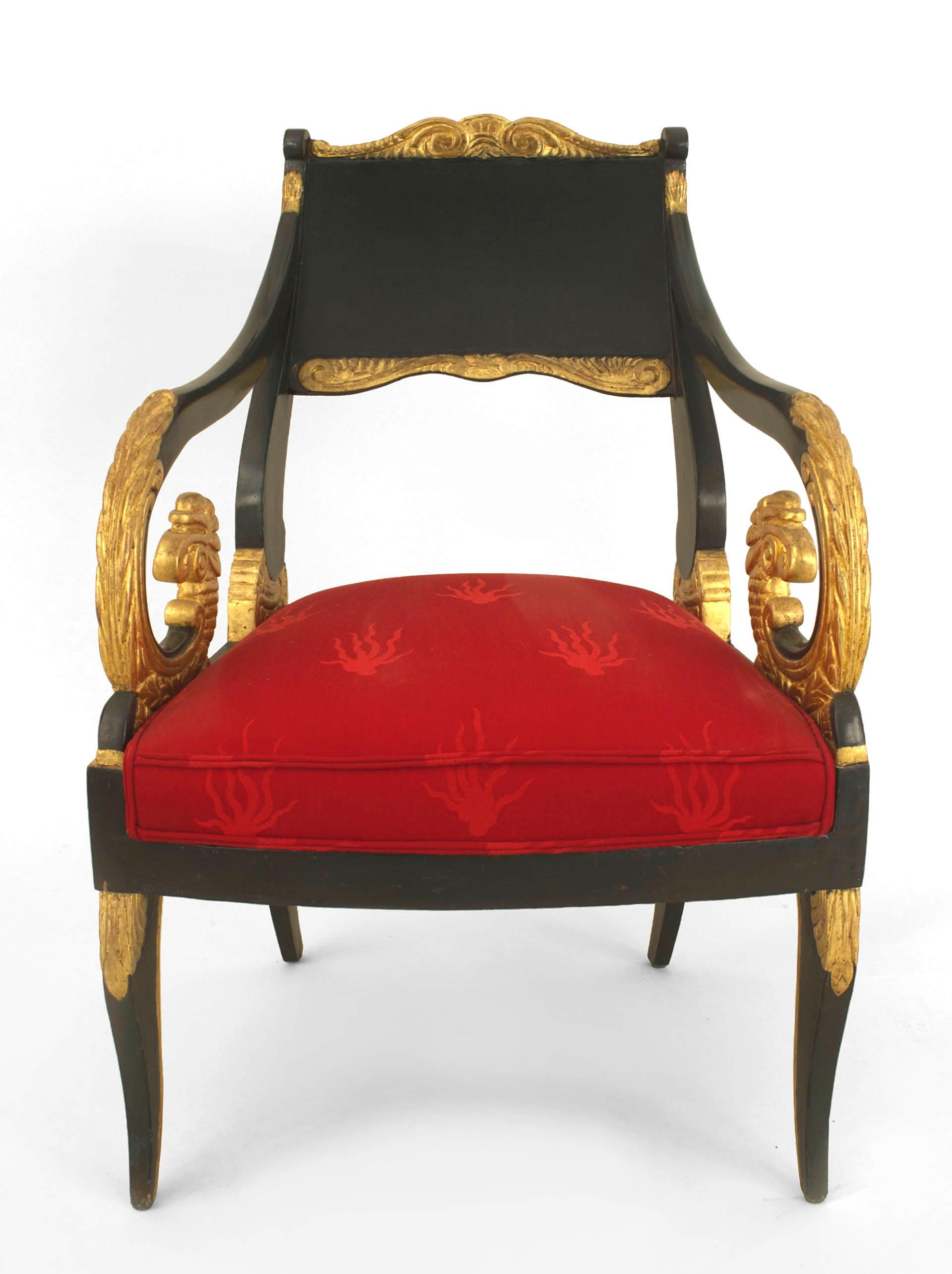 Pair of Russian Neoclassic (early 19th Century) parcel gilt and dark green painted armchairs with scrolled arms and red damask silk upholstered seats. (PRICED AS Pair) (Similar to: 018681A)
