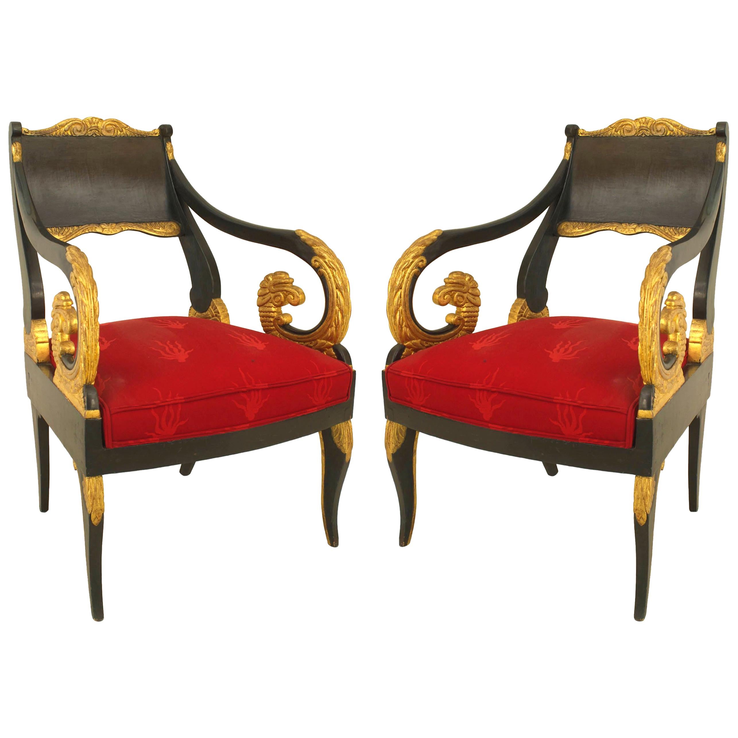 Pair of Russian Neoclassic Painted and Parcel Gilt Armchairs For Sale