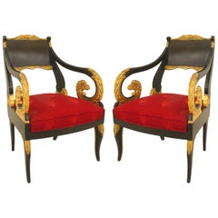 Pair of Russian Neoclassic Painted and Parcel Gilt Armchairs
