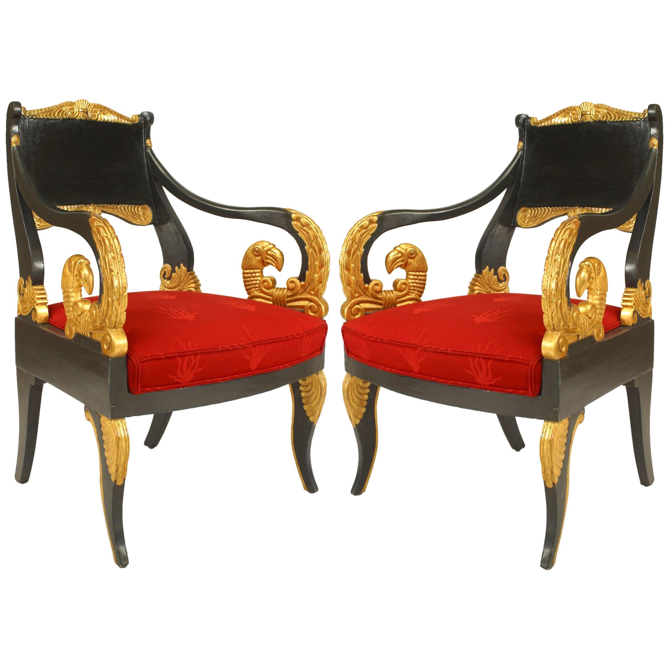 Pair of Russian Neoclassic Painted and Parcel Gilt Armchairs For Sale