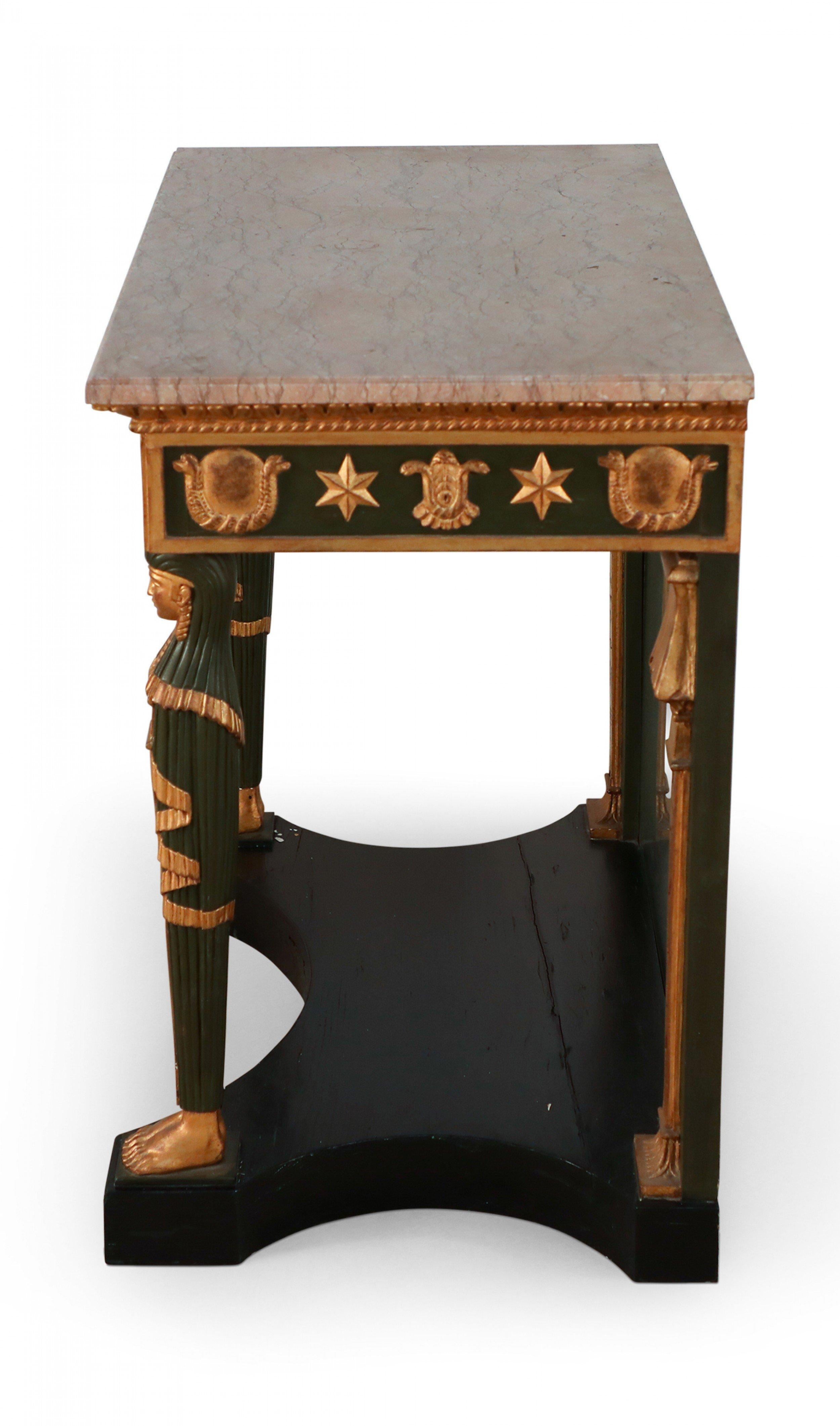 Giltwood Pair of Russian Neoclassic Gilt and Green Console Tables