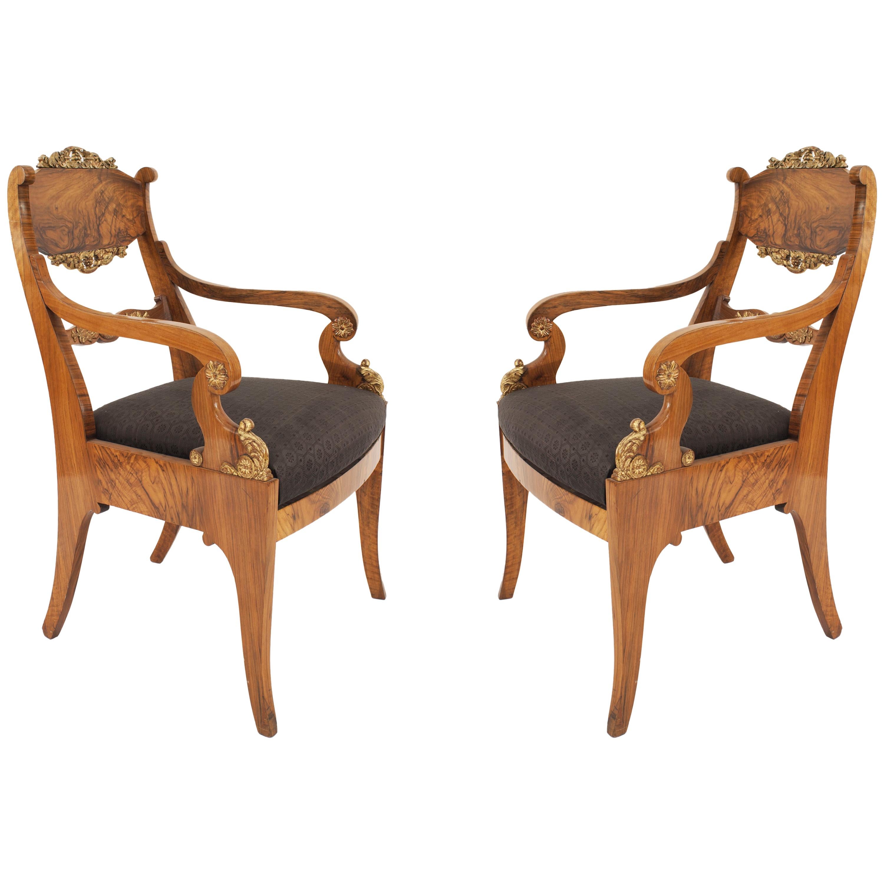 Pair of Russian Neo-Classic Walnut Armchairs For Sale