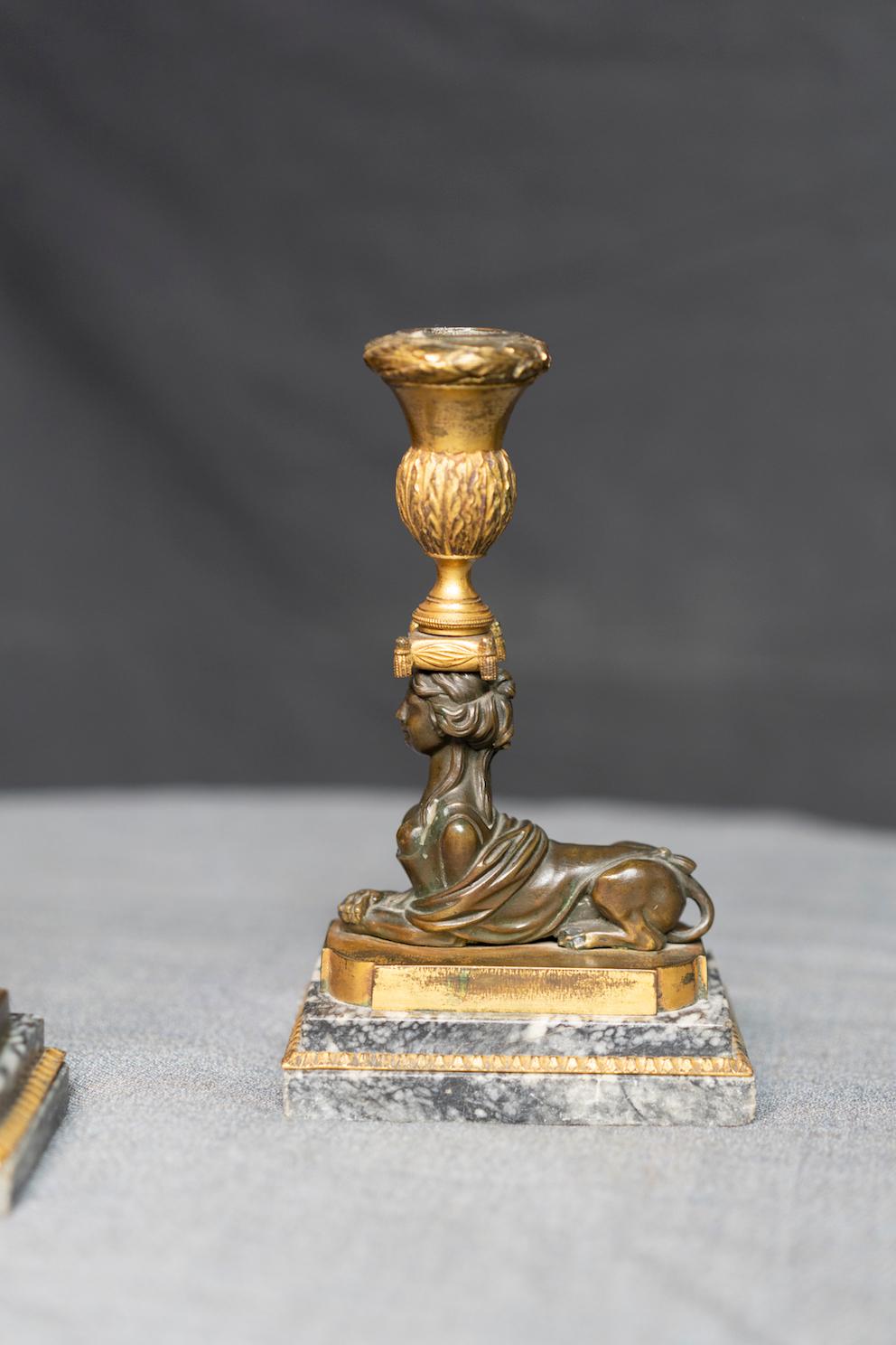 Pair of Russian Neoclassical Gilt and Patinated Bronze Sphinx Candlesticks For Sale 6