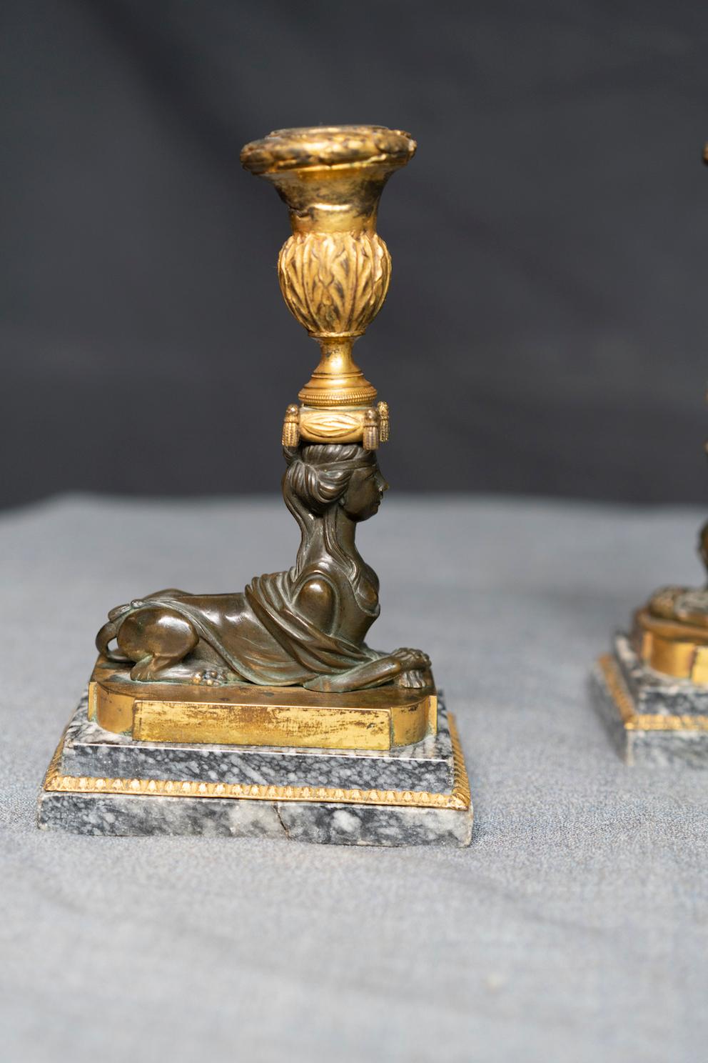 Pair of Russian Neoclassical Gilt and Patinated Bronze Sphinx Candlesticks For Sale 7