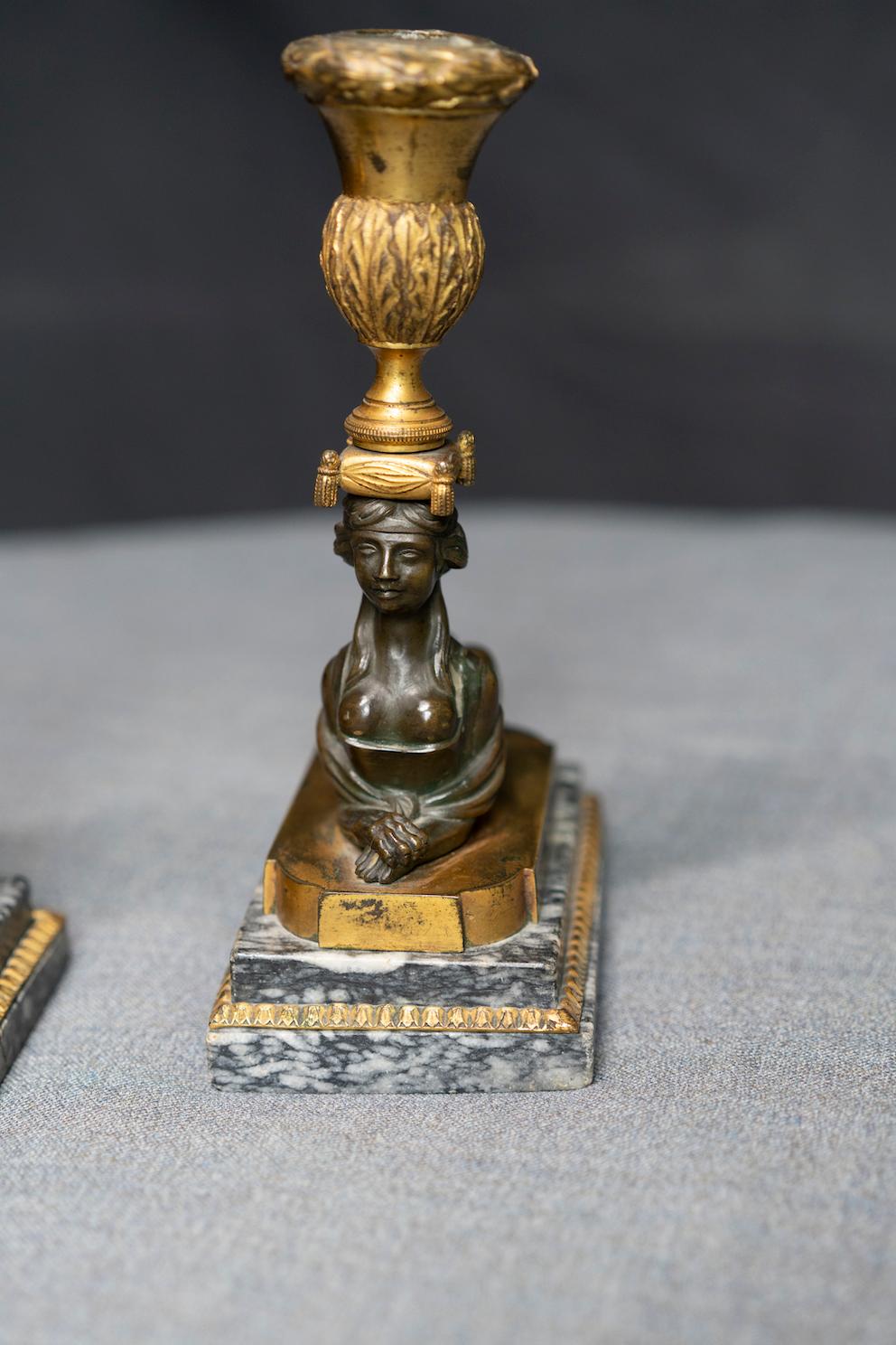Pair of Russian Neoclassical Gilt and Patinated Bronze Sphinx Candlesticks For Sale 10