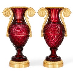 Pair of Russian Neoclassical Style Cut Glass and Gilt Bronze Vases
