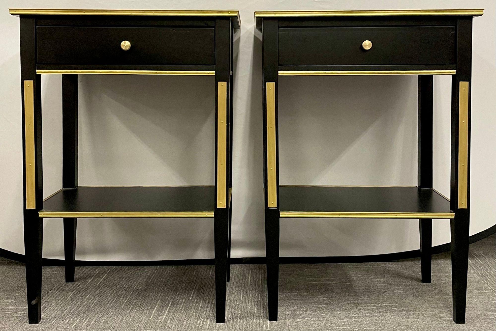 A pair of one drawer Russian neoclassical style stands or end tables. These sleek and stylish one drawer Hollywood Regency style bedside stands or end tables are simply as sweet as anyone could ask for. The case has been nicely polished in an ebony